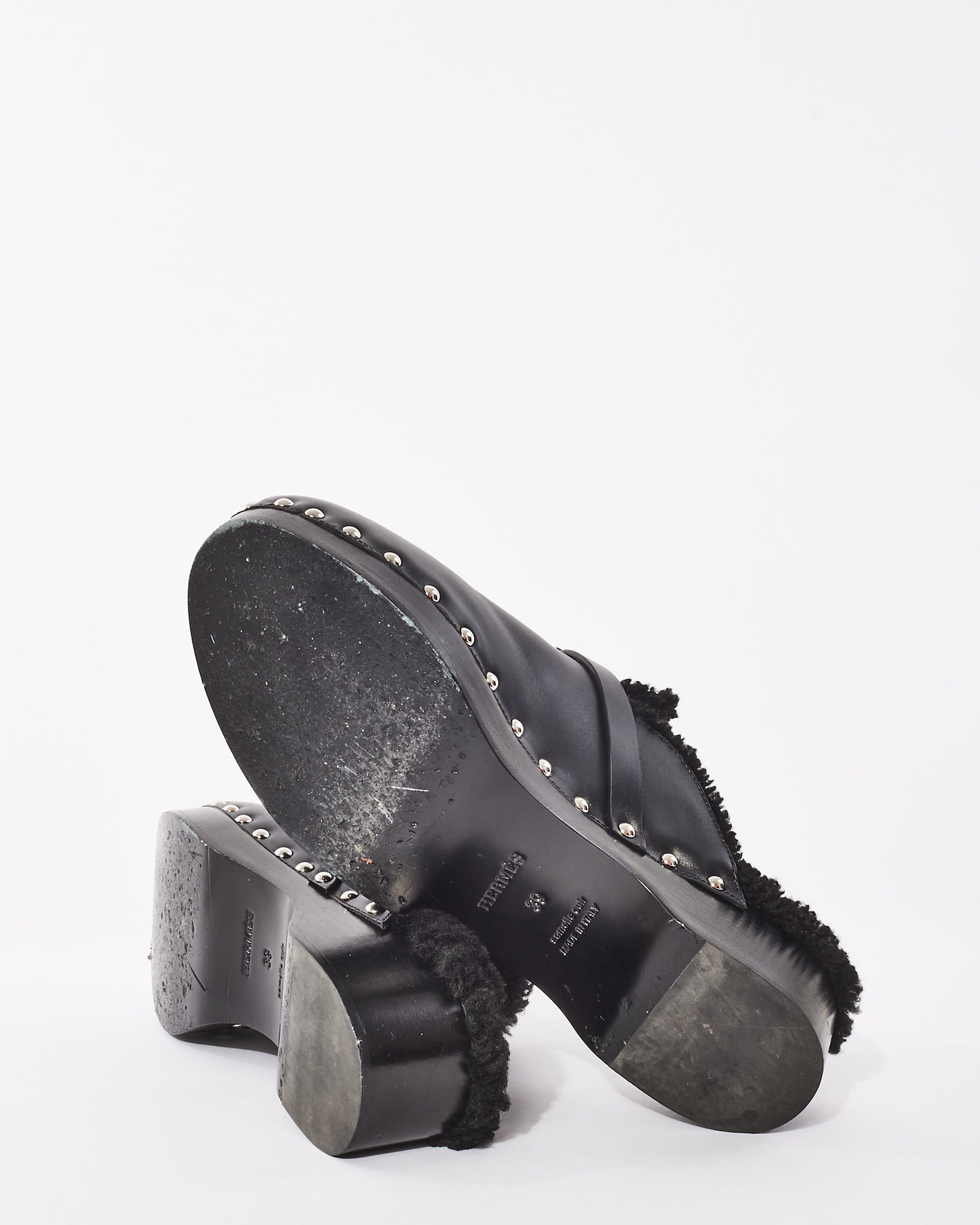 Hermès Black Leather & Shearling Carlotta Mules - 39
