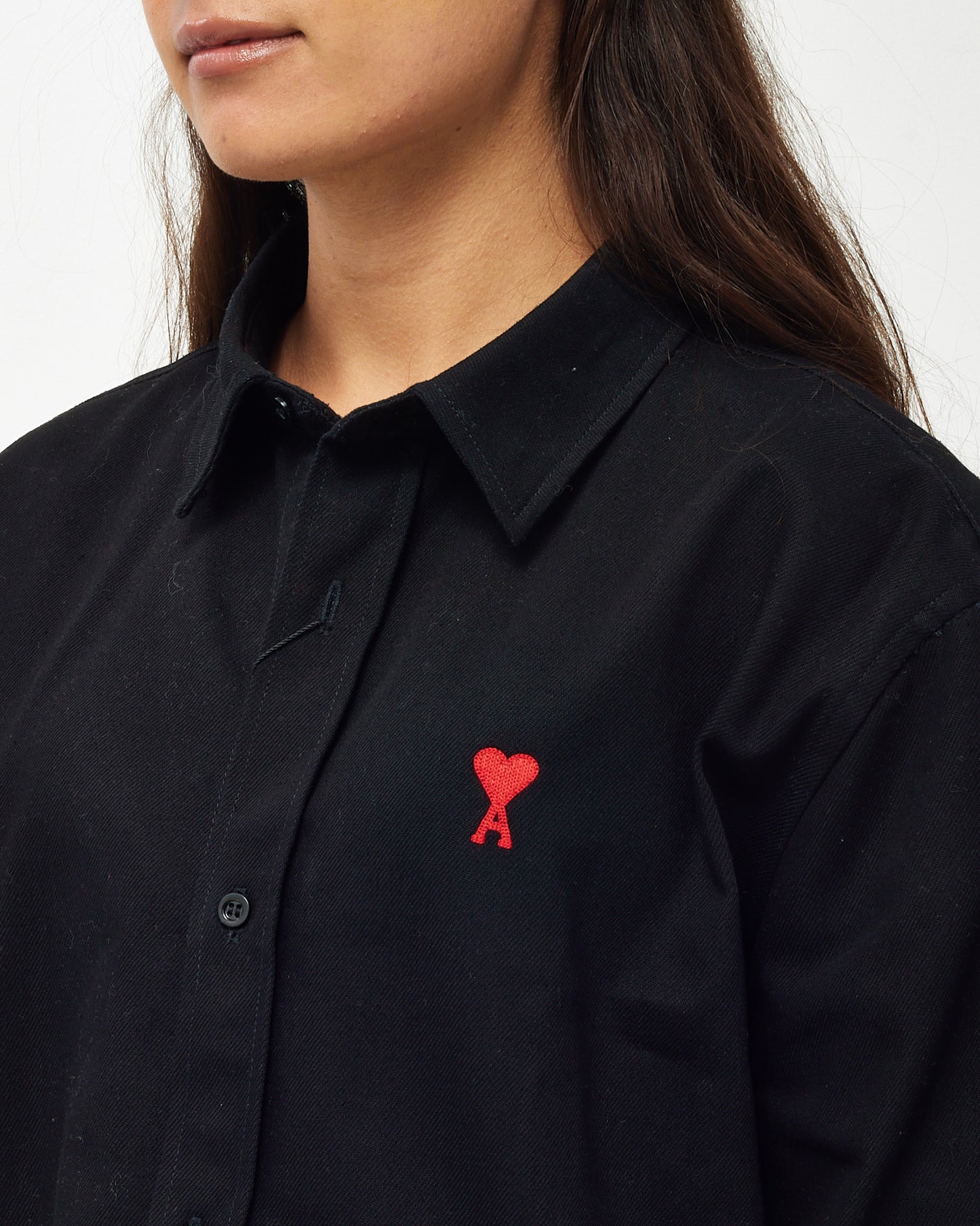 AMI Paris Men's Black Denim Logo Embroidered Ami De Coeur Button-Down Shirt - M / 40 MEN