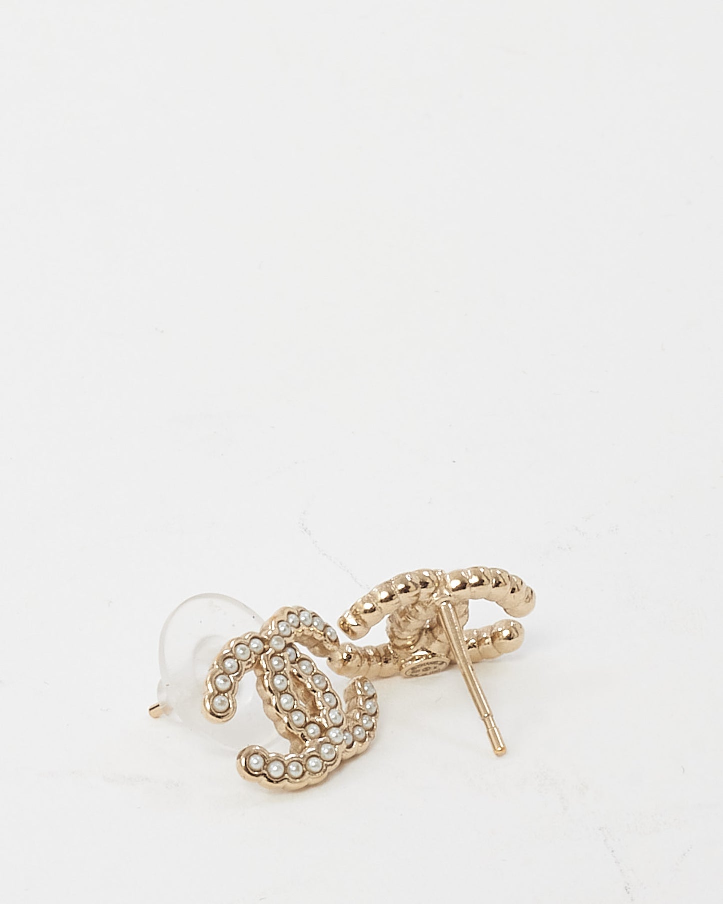 Chanel Pale Gold Tone Metal and Faux Pearl CC Logo Stud Earrings