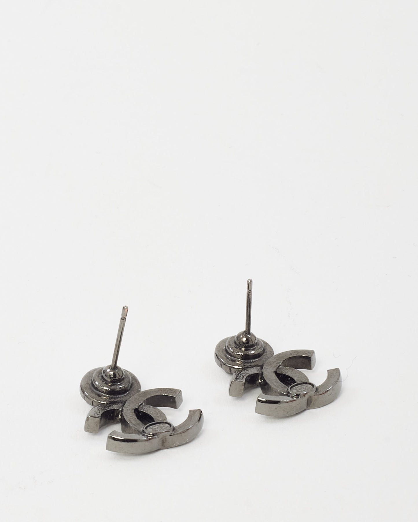 Chanel Gunmetal Halo Crystal Strass Stud CC Logo Earrings