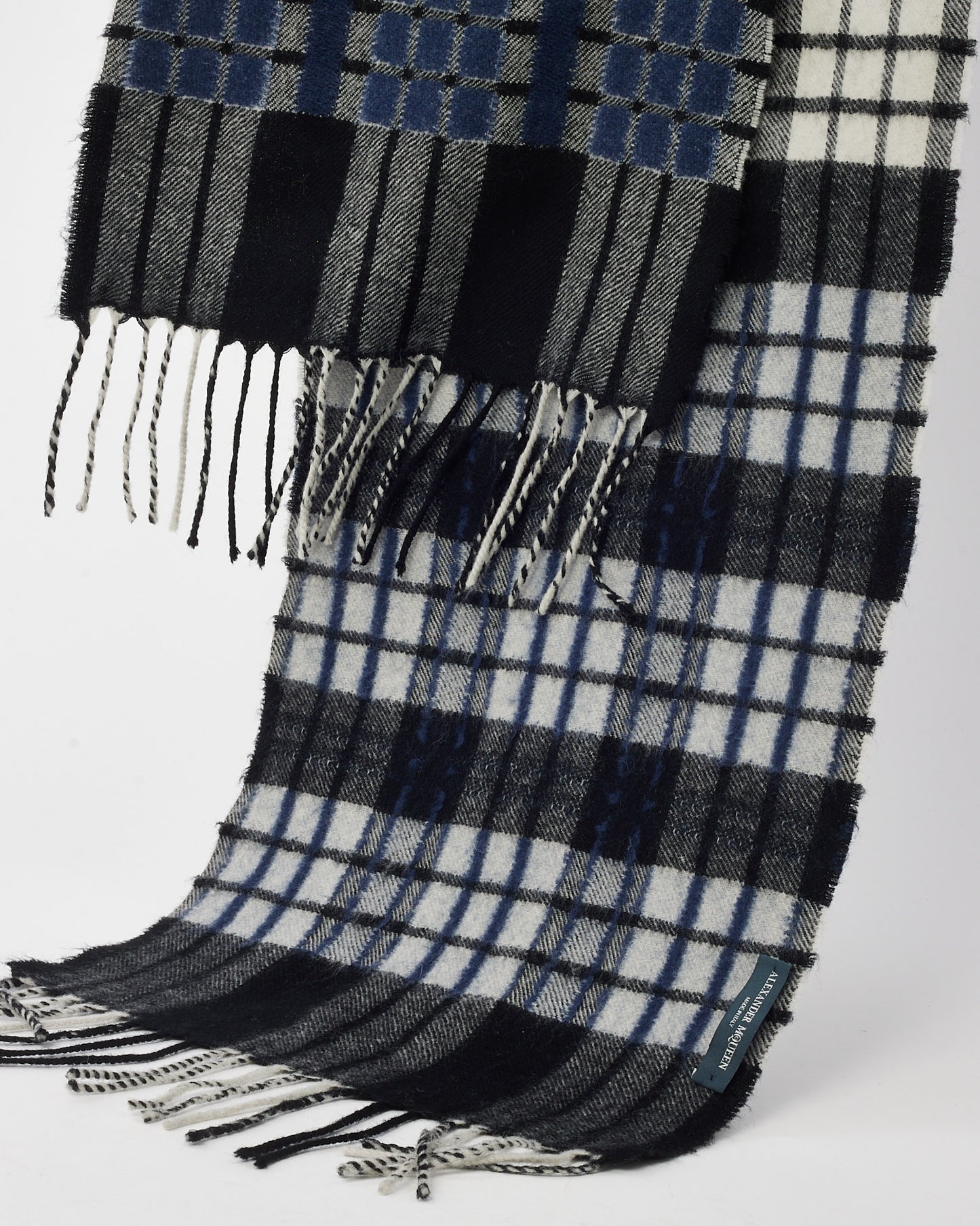 Alexander McQueen Grey/Black/Blue Plaid Check Wool Fringe Scarf