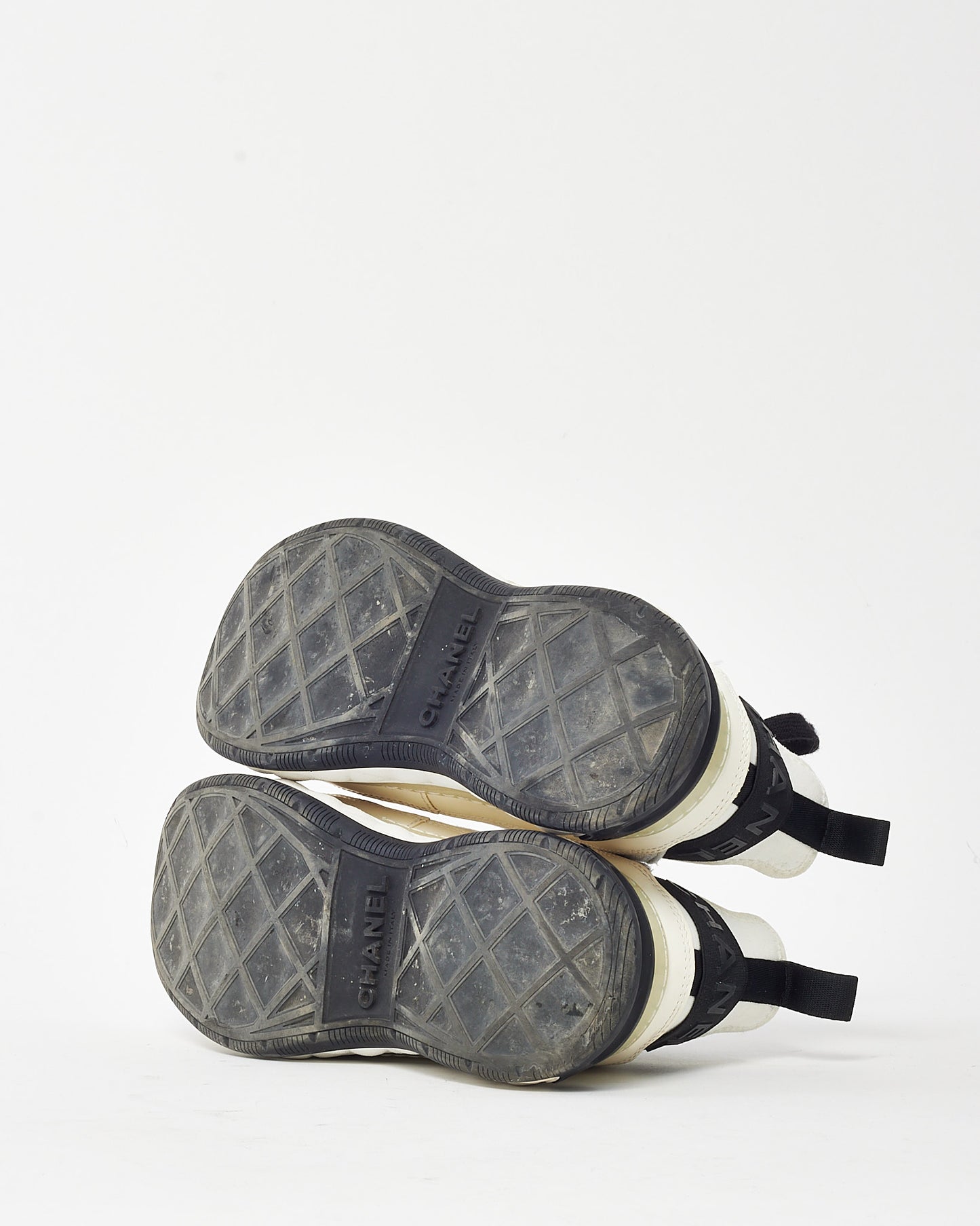 Chanel Beige, Black & White Suede and Mixed Fibers CC Logo Sneakers - 38