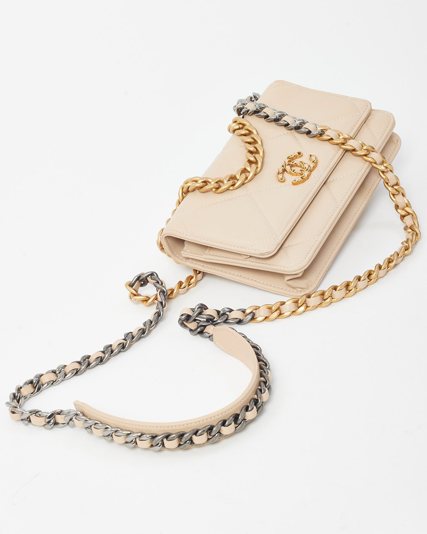 Chanel Beige Shiny Lambskin Quilted Leather Chanel 19 WOC Wallet on Chain Crossbody Bag
