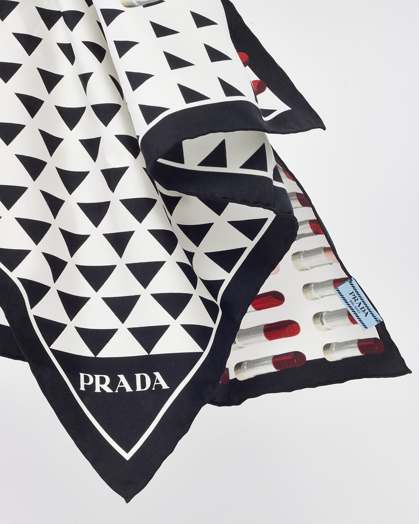 Prada Black and White Geometric Print Lipstick Silk Square Scarf