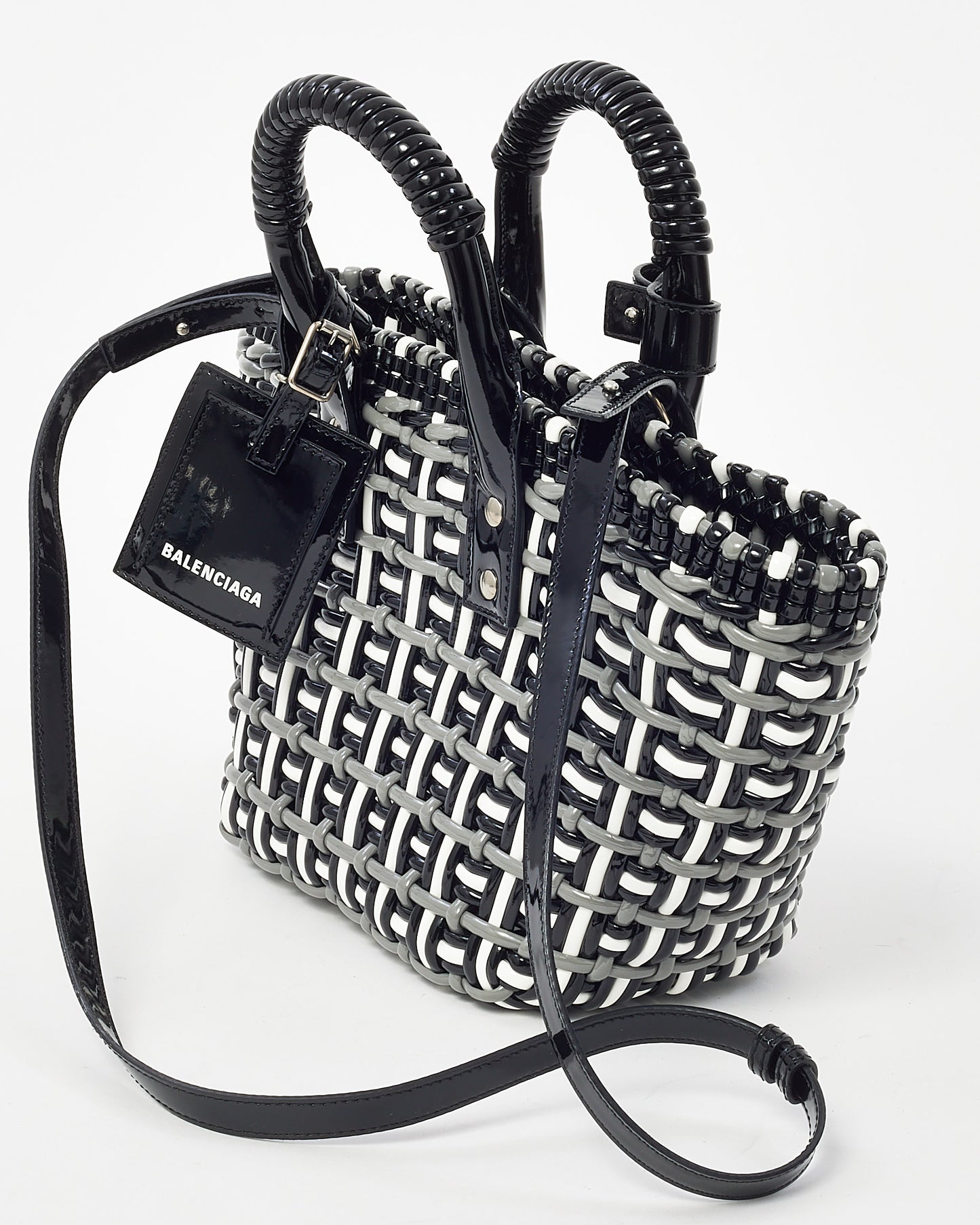 Balenciaga Black/White/Grey Patent Leather Woven Bistro XS Basket Bag with Strap