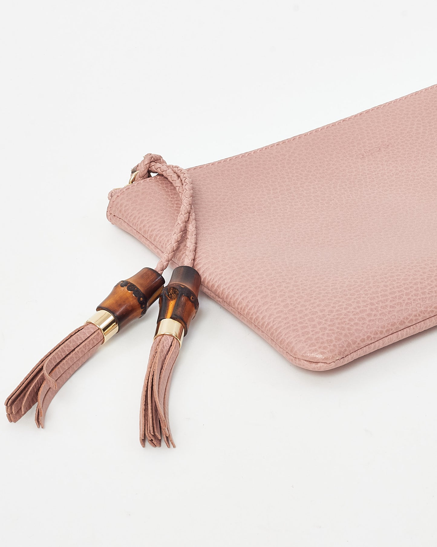 Gucci Pink Pebbled Leather Bamboo Tassel Zip Pouch Clutch