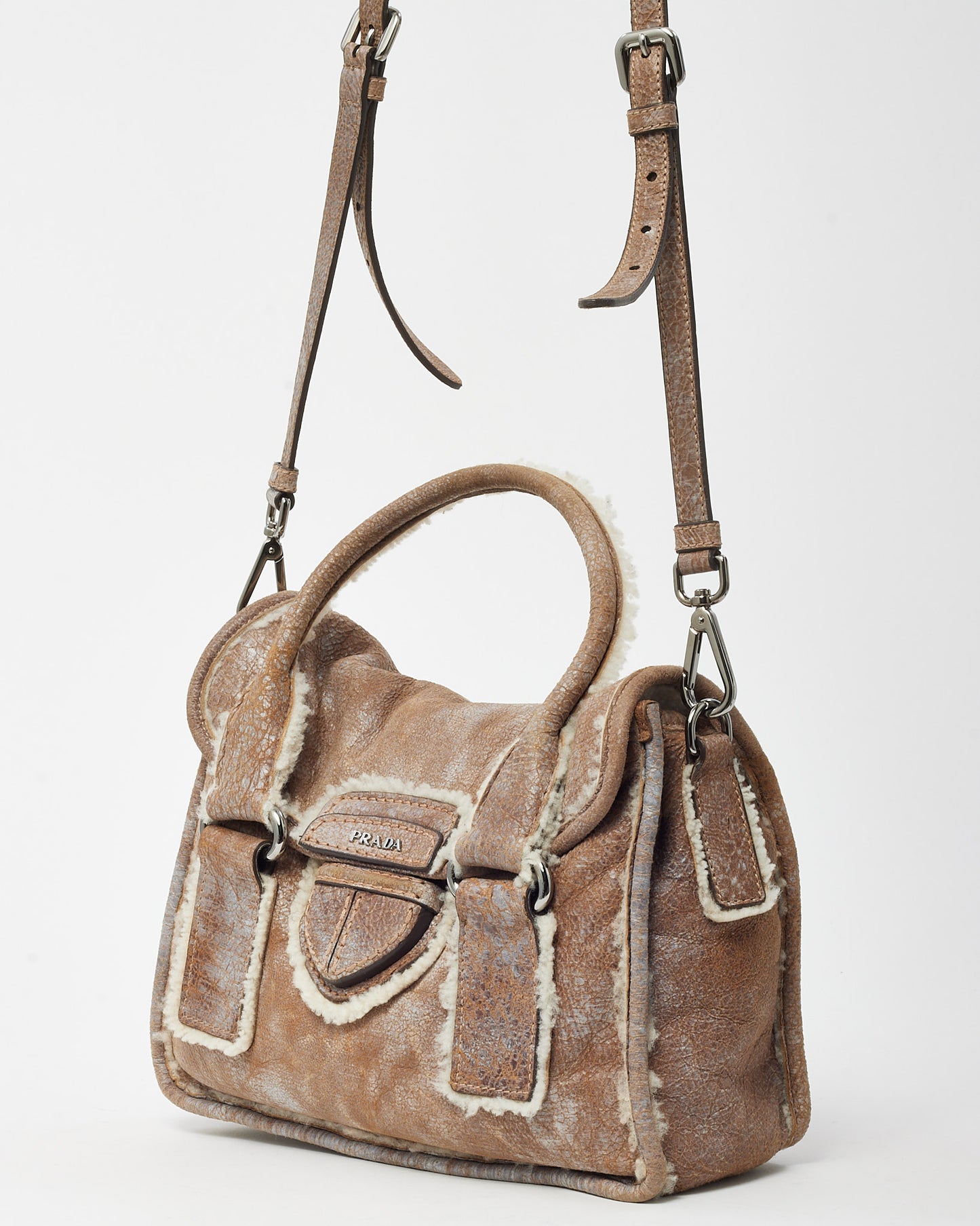 Prada Brown Suede and Shearling Buckle 2way Top Handle Bag with Strap