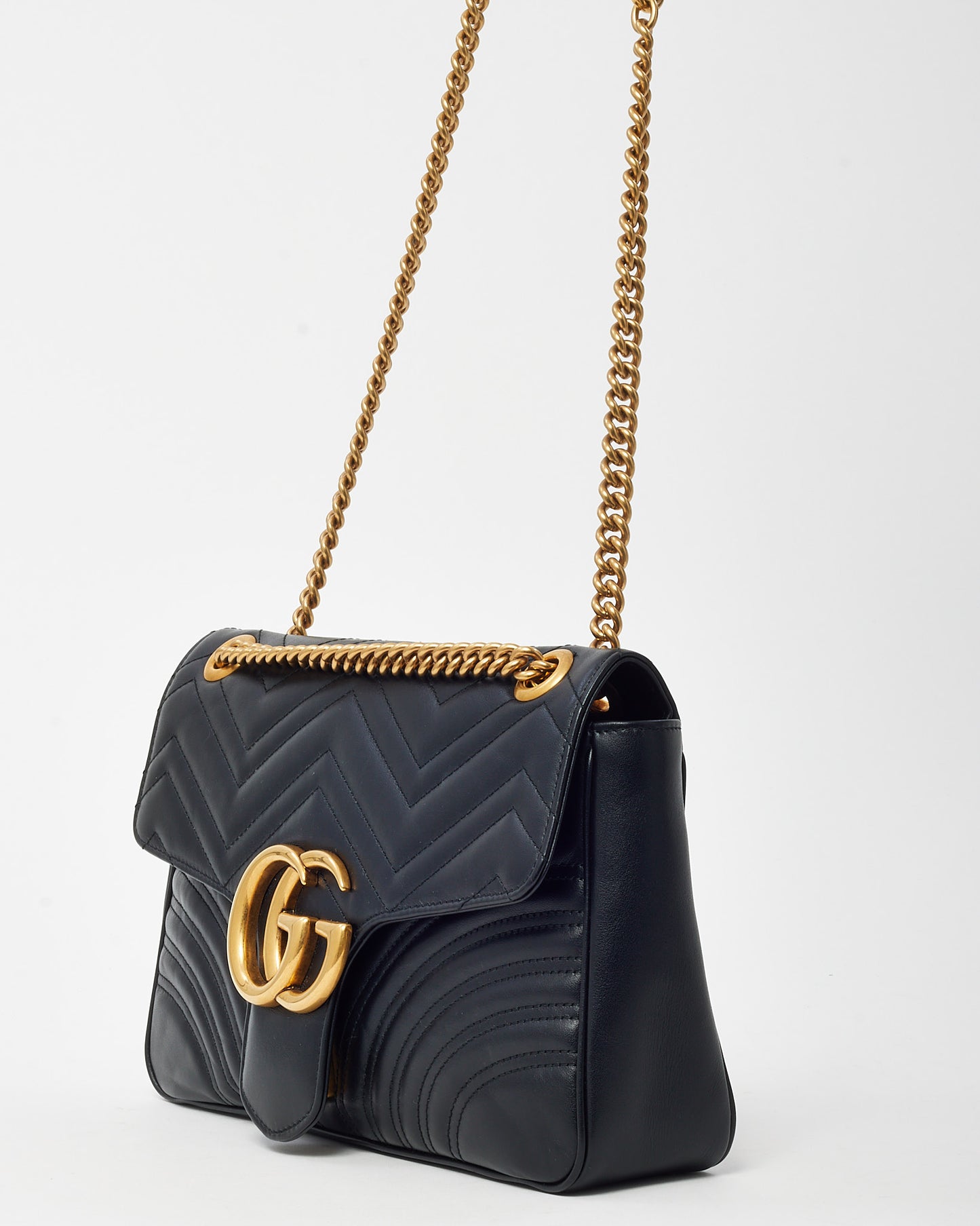 Gucci Black Matelassé Leather Medium GG Marmont Shoulder Bag