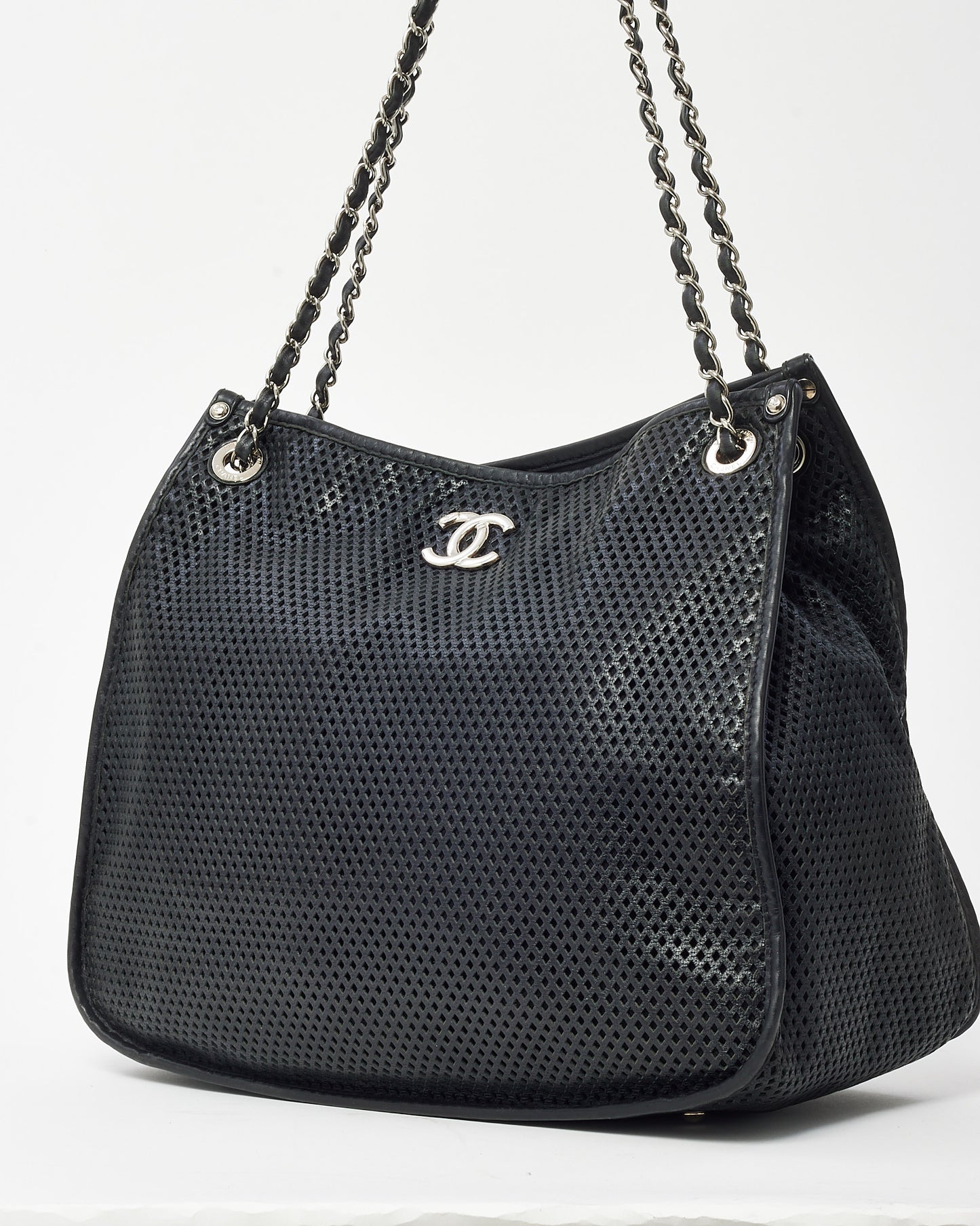 Chanel Black Perforated Leather CC Logo SHW Chain Tote Bag