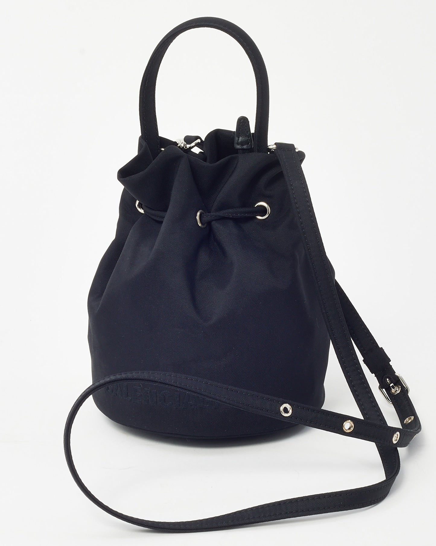 Balenciaga Black Nylon Logo Wheel Drawstring XS Bucket Bag with Strap