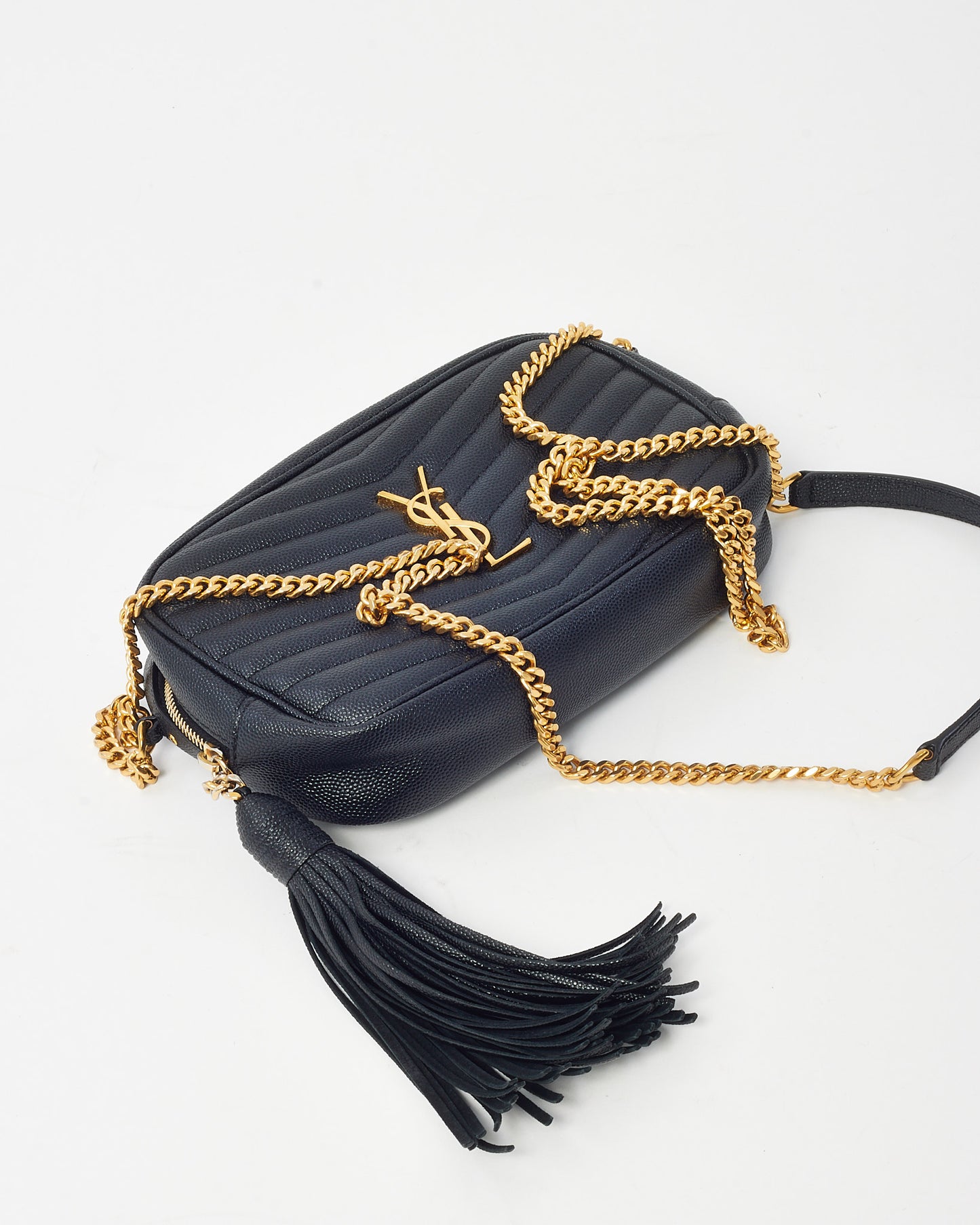 Saint Laurent Black Chevron Grain De Poudre YSL Mini Lou Chain Crossbody Bag GHW