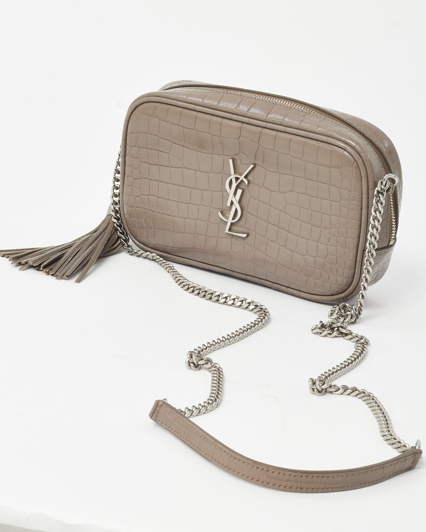 Saint Laurent Grey Croc Embossed Leather SHW YSL Mini Lou Chain Crossbody Bag
