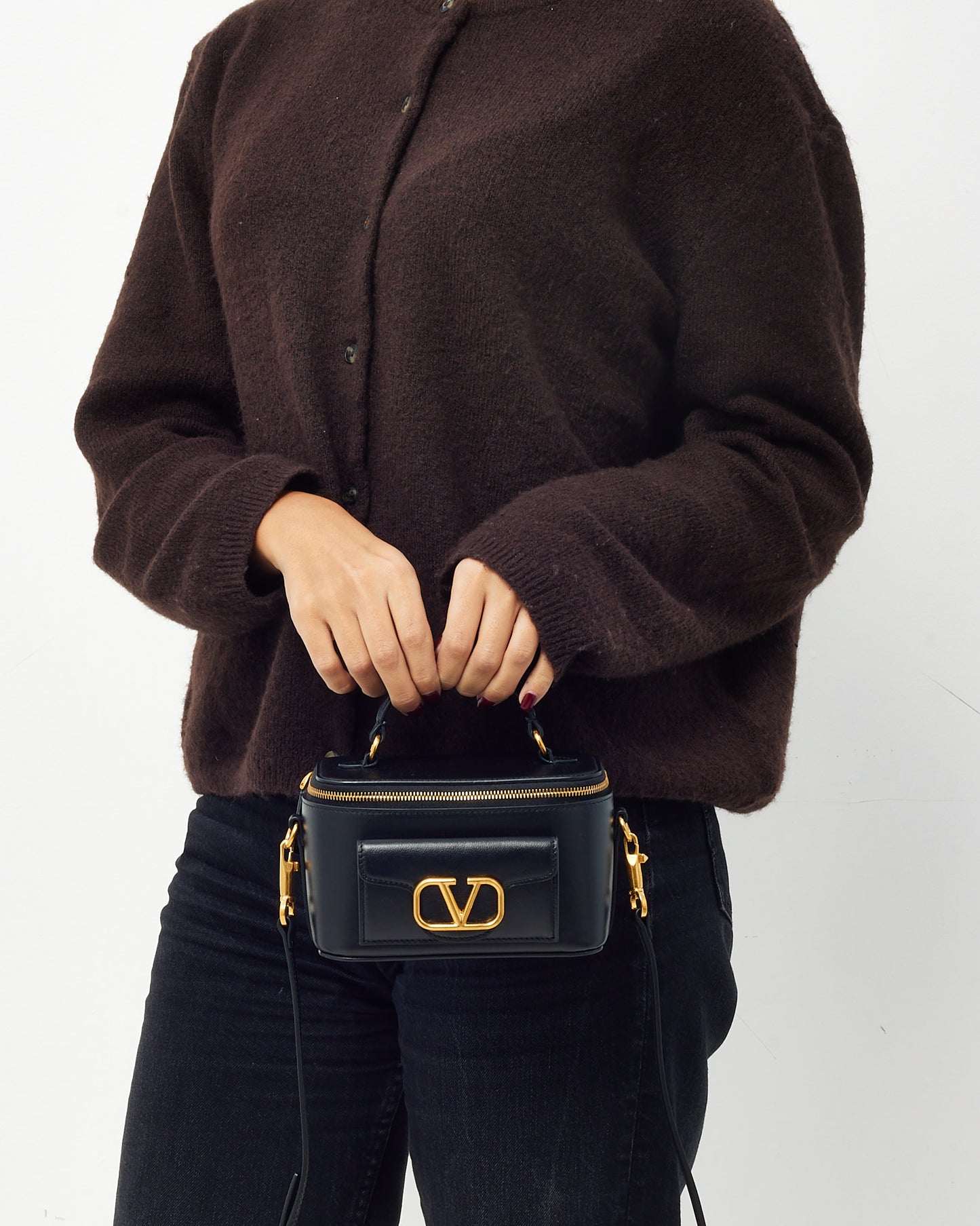 Valentino Black Leather GHW VLogo Mini Vanity Top Handle Bag