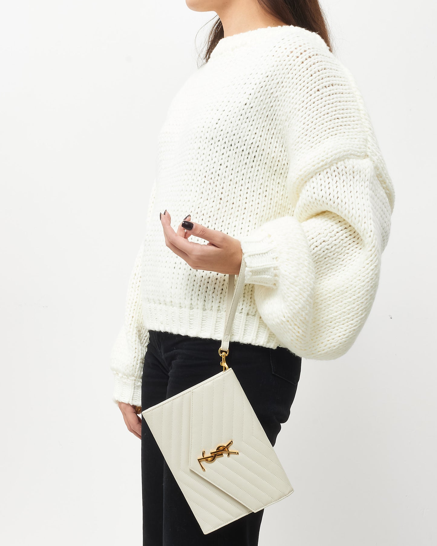 Saint Laurent White Chevron Grained Leather Cassandre YSL Logo Envelope Wristlet Pouch