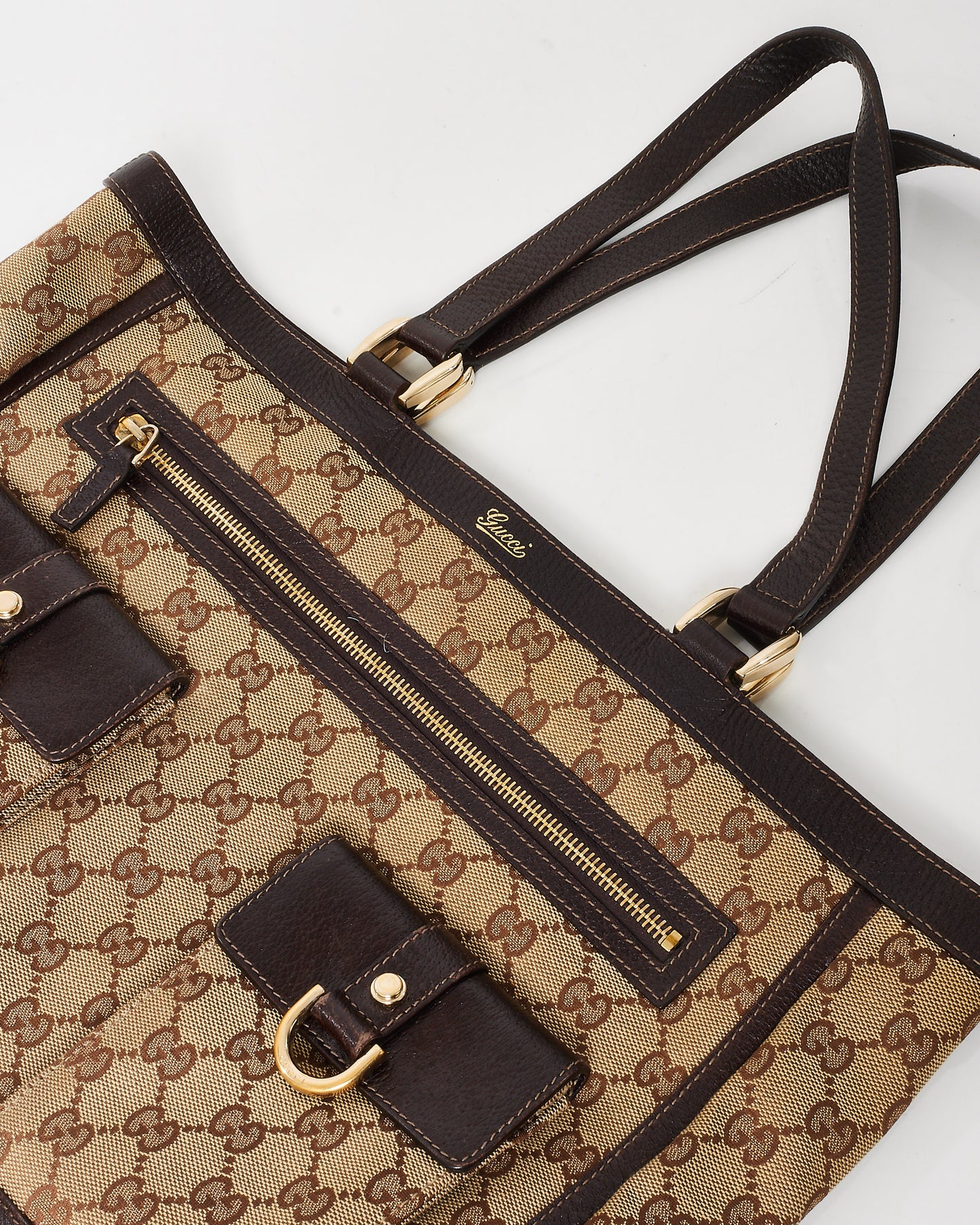 Gucci Brown & Beige GG Monogram Canvas Abbey Pocket Zip Tote Bag