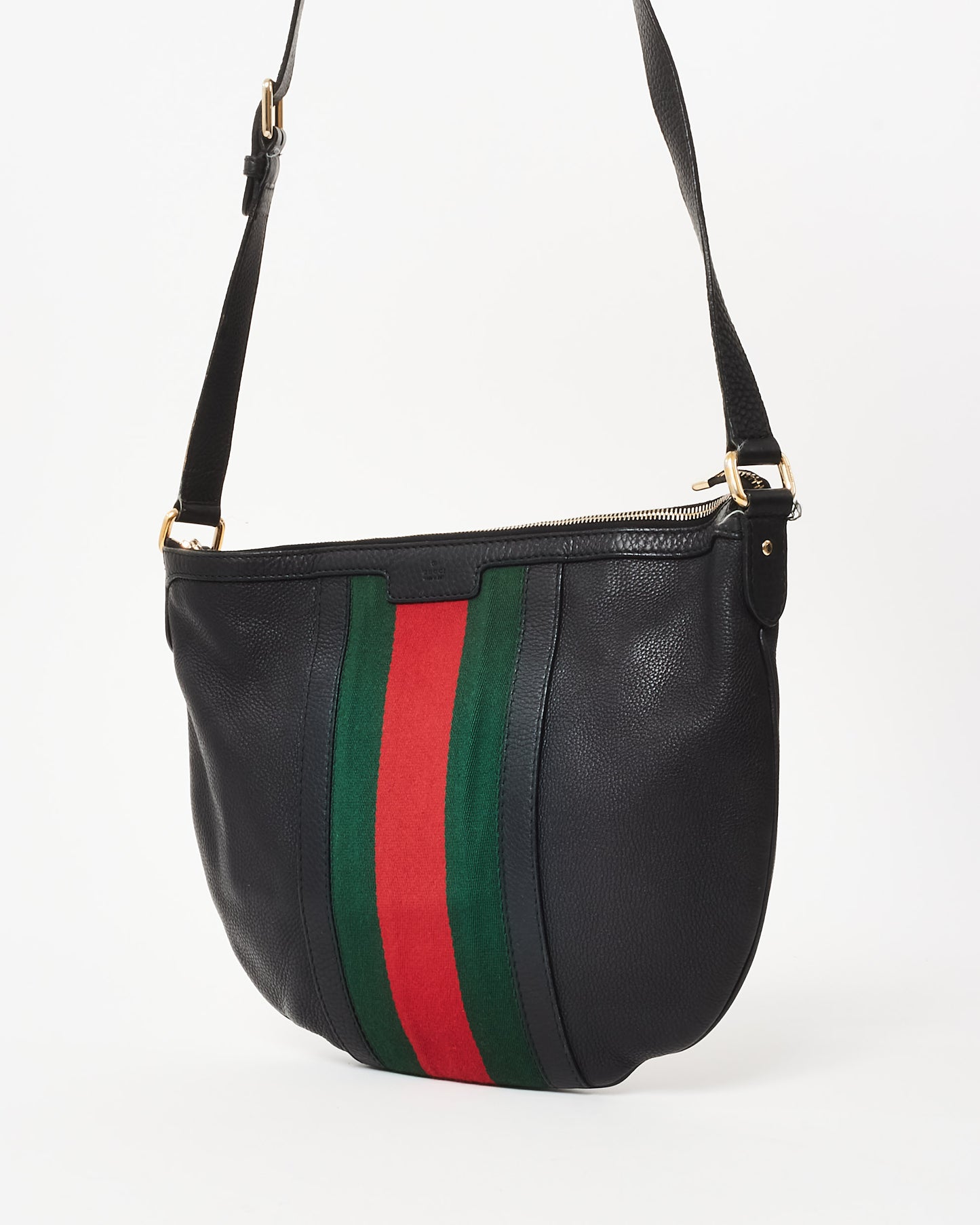 Gucci Black Pebbled Calfskin Vintage Medium Web Half Moon Crossbody Bag