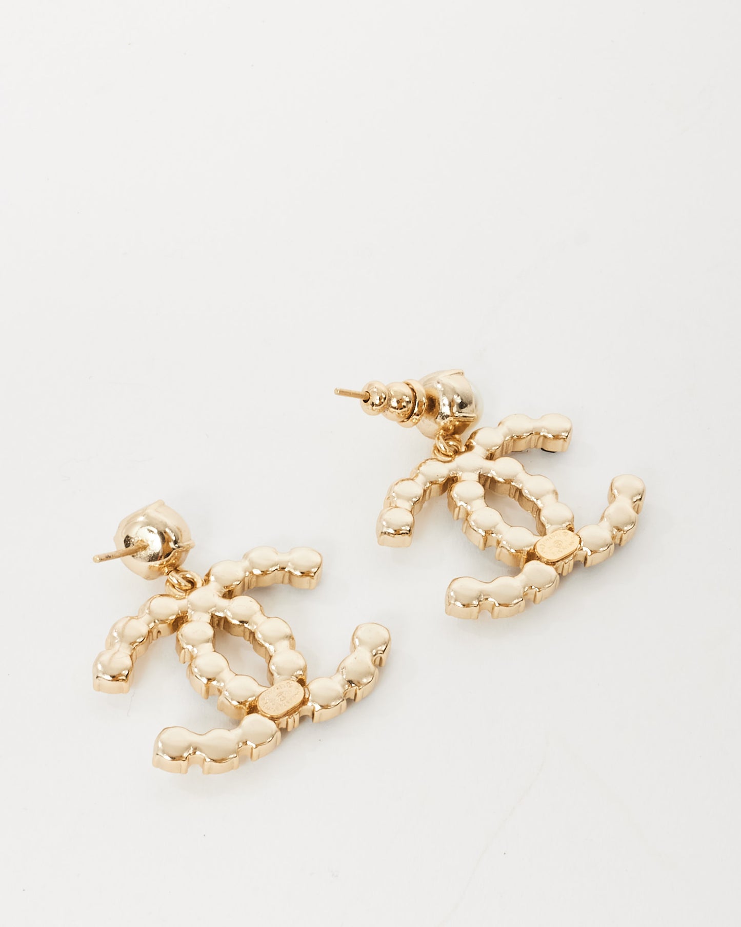 Chanel Gold Tone Black and White Pearl Logo Large 20A Stud Earrings