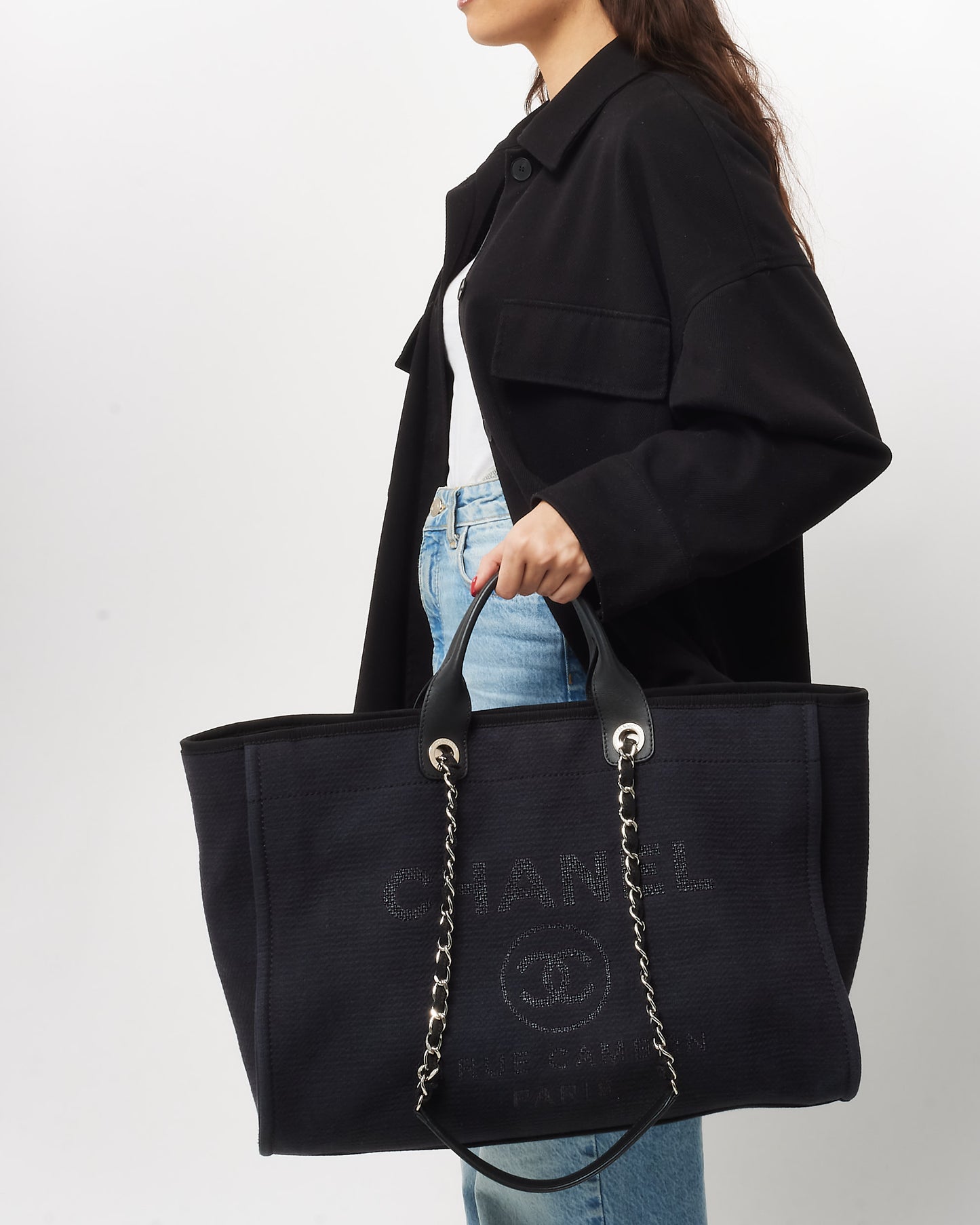 Chanel Navy Mixed Fibers Medium Chanel Logo Deauville Tote