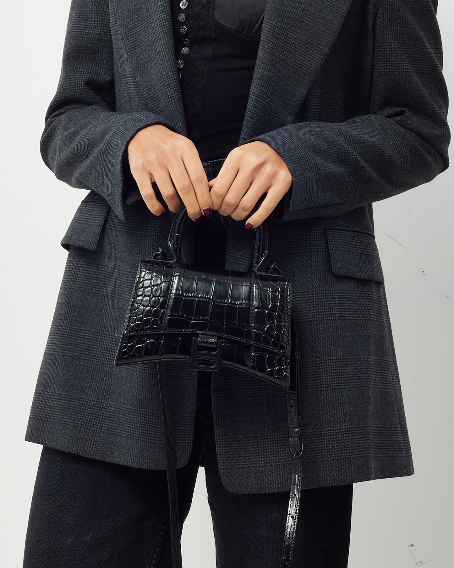 Balenciaga Black Shiny Croc Embossed Leather Hourglass XS Handbag