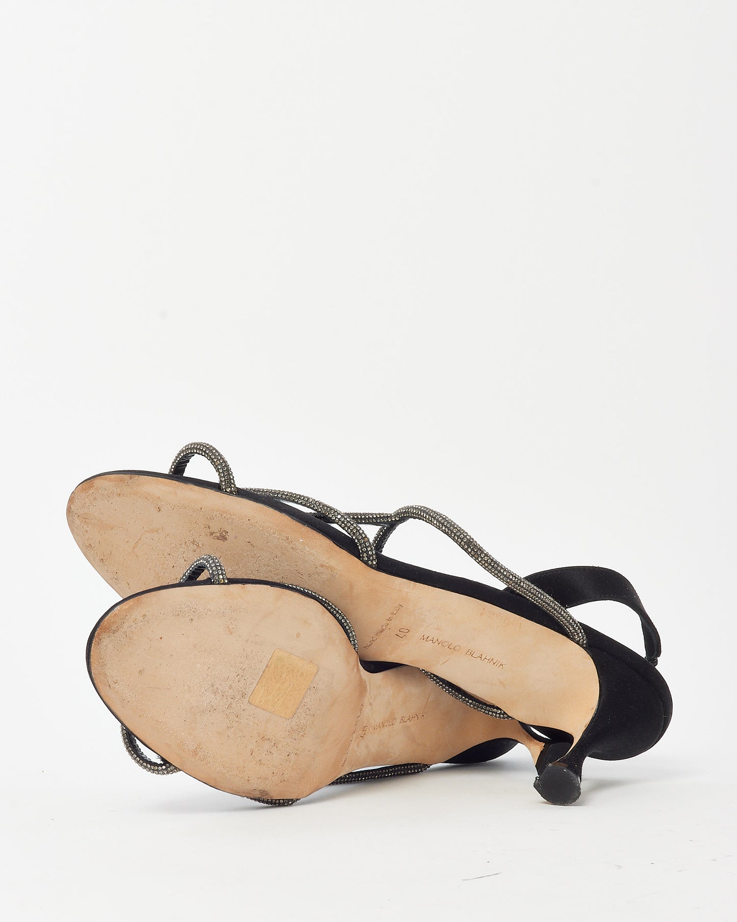 Manolo Blahnik Black Satin Rhinestone Embellished Lucecry 50 Slingback Sandals - 40