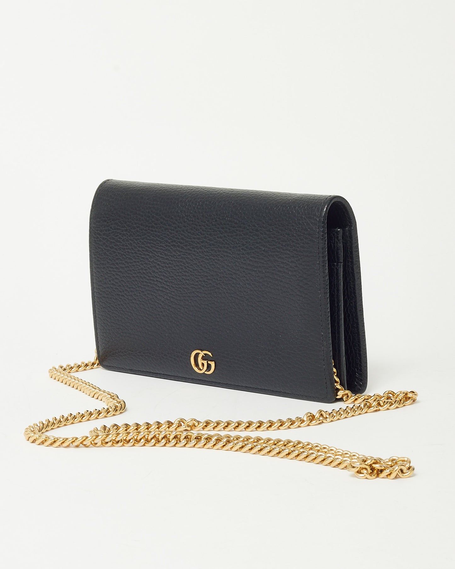 Gucci Black Pebbled Leather GG Marmont WOC Wallet on Chain Crossbody Bag