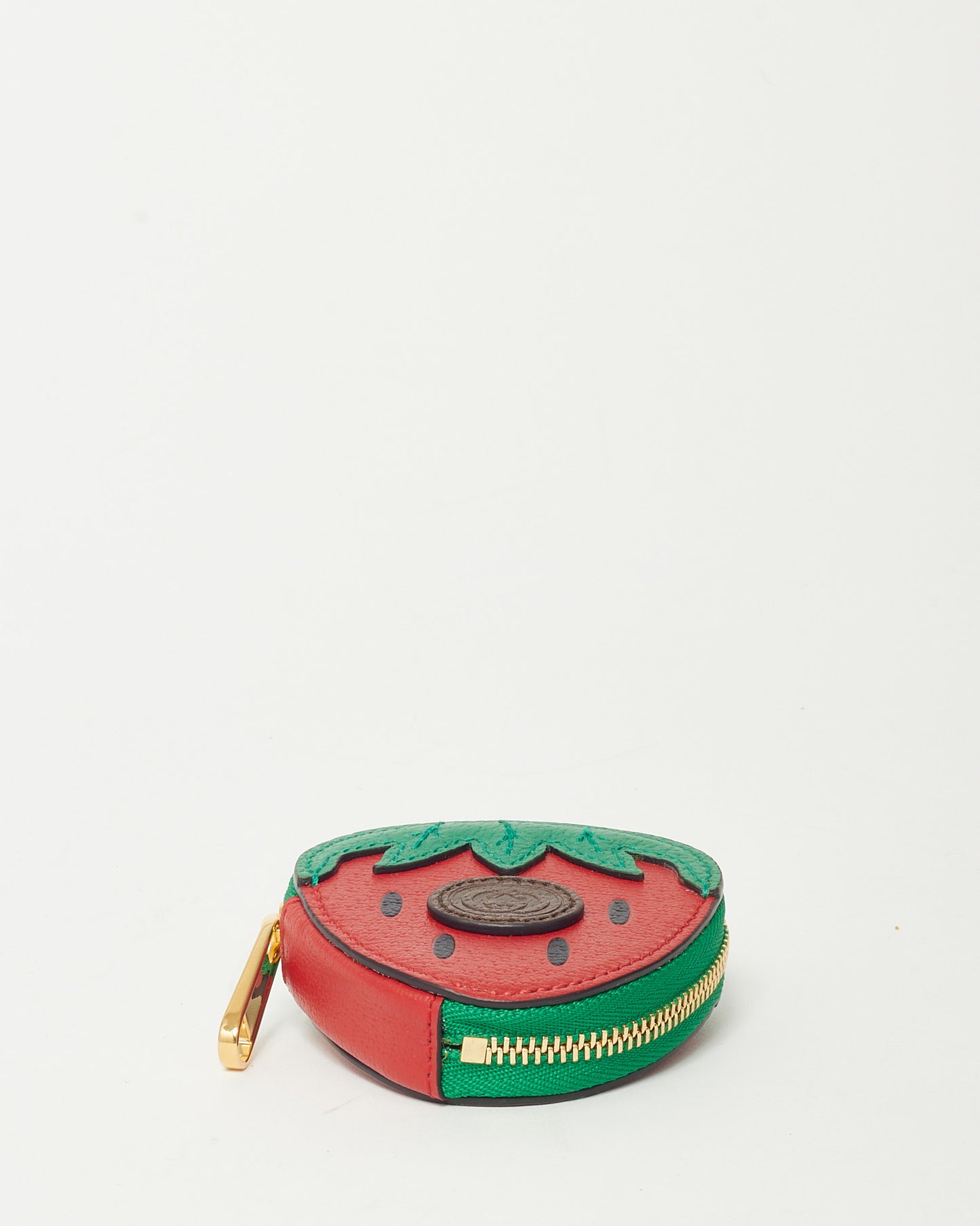 Gucci Red and Green Textured Dollar Calfskin Retro Interlocking G Fruttini Strawberry Coin Case Bag Charm Key Chain