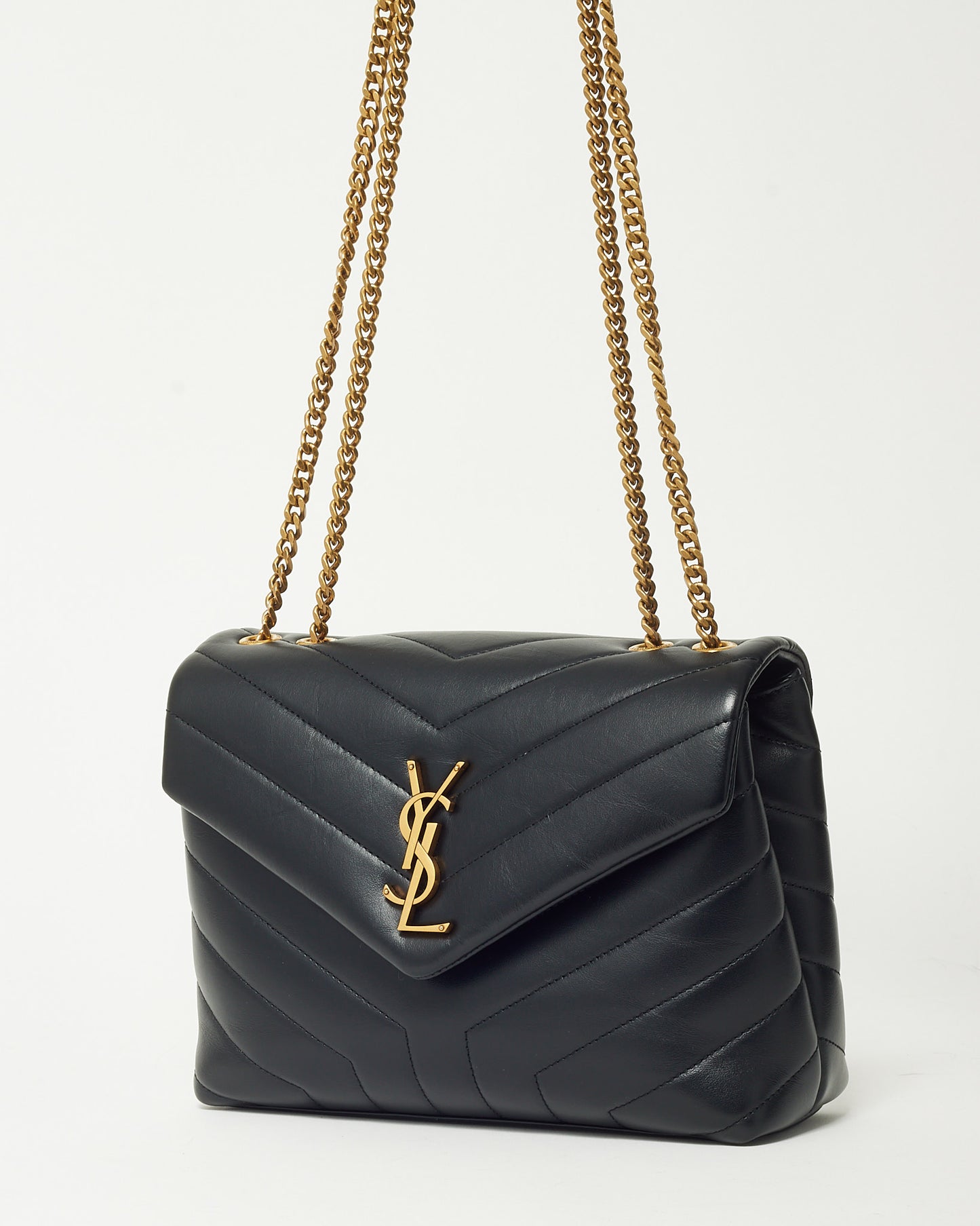 Saint Laurent Black Chevron Leather Small YSL Monogram Loulou Shoulder Bag GHW