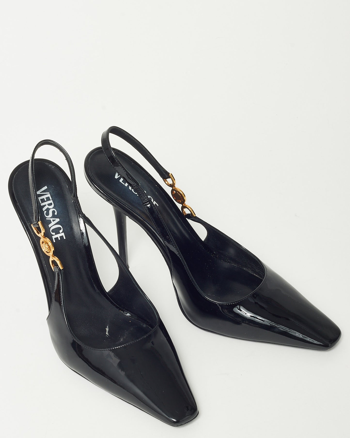Versace Black Patent Leather Medusa Head Slingback Pumps - 41