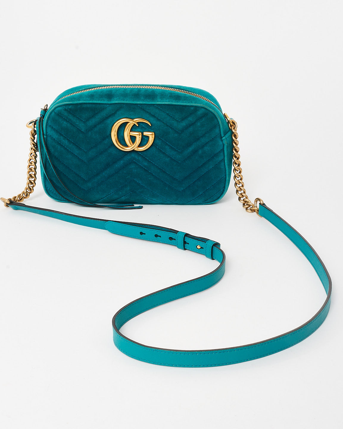 Gucci Turquoise Matelassé Velvet Small GG Marmont Chain Crossbody Bag