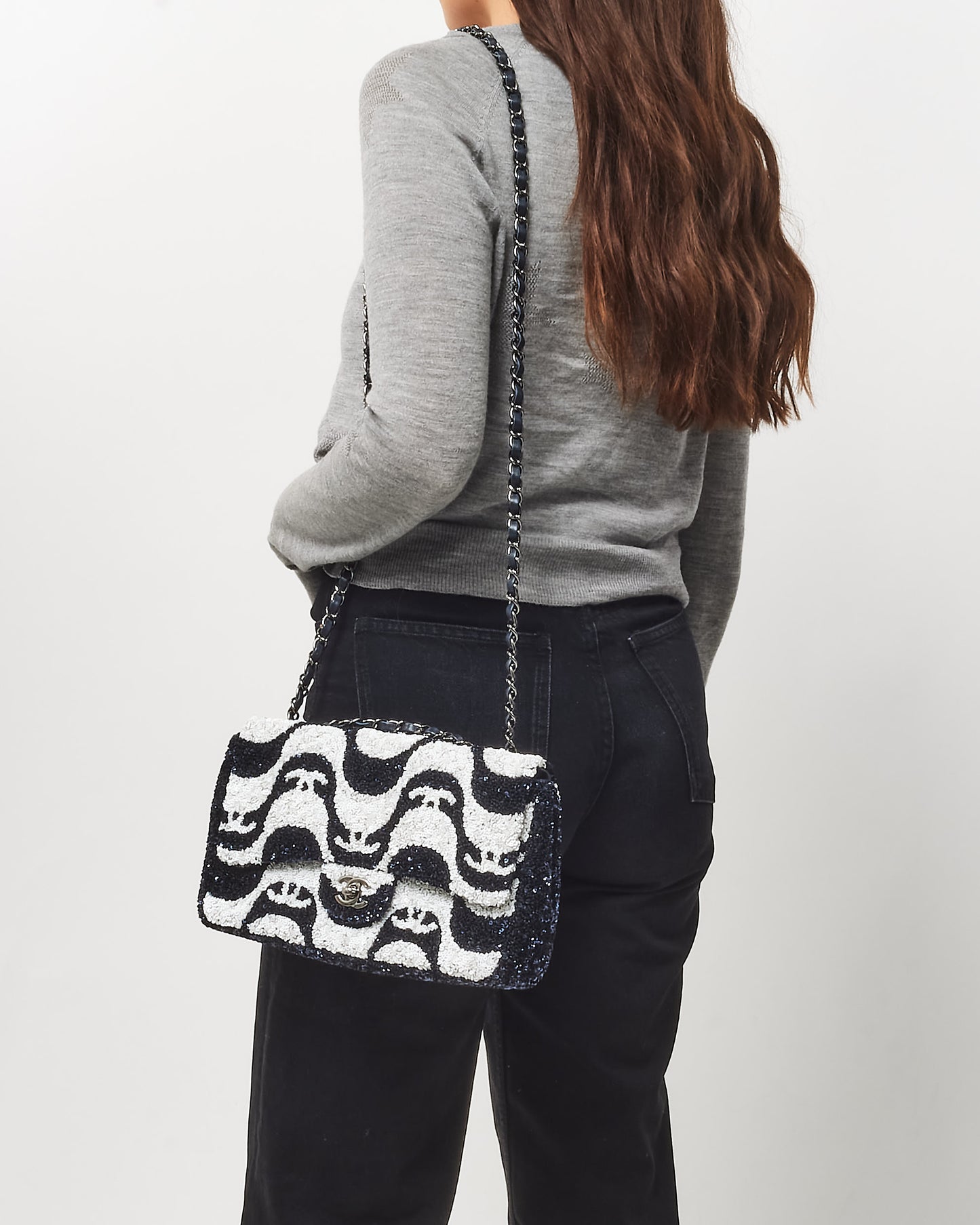 Chanel Navy and White Sequin Graffiti Logo Medium Classic Single Flap w/ Ruthenium Hardware