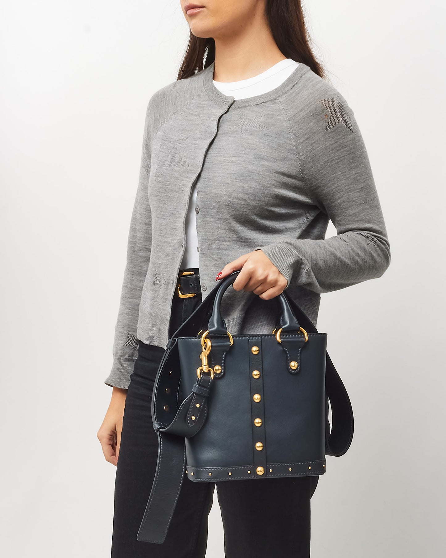 Dior Navy Leather Small Studded Dioravenue Bucket Bag w/ Strap