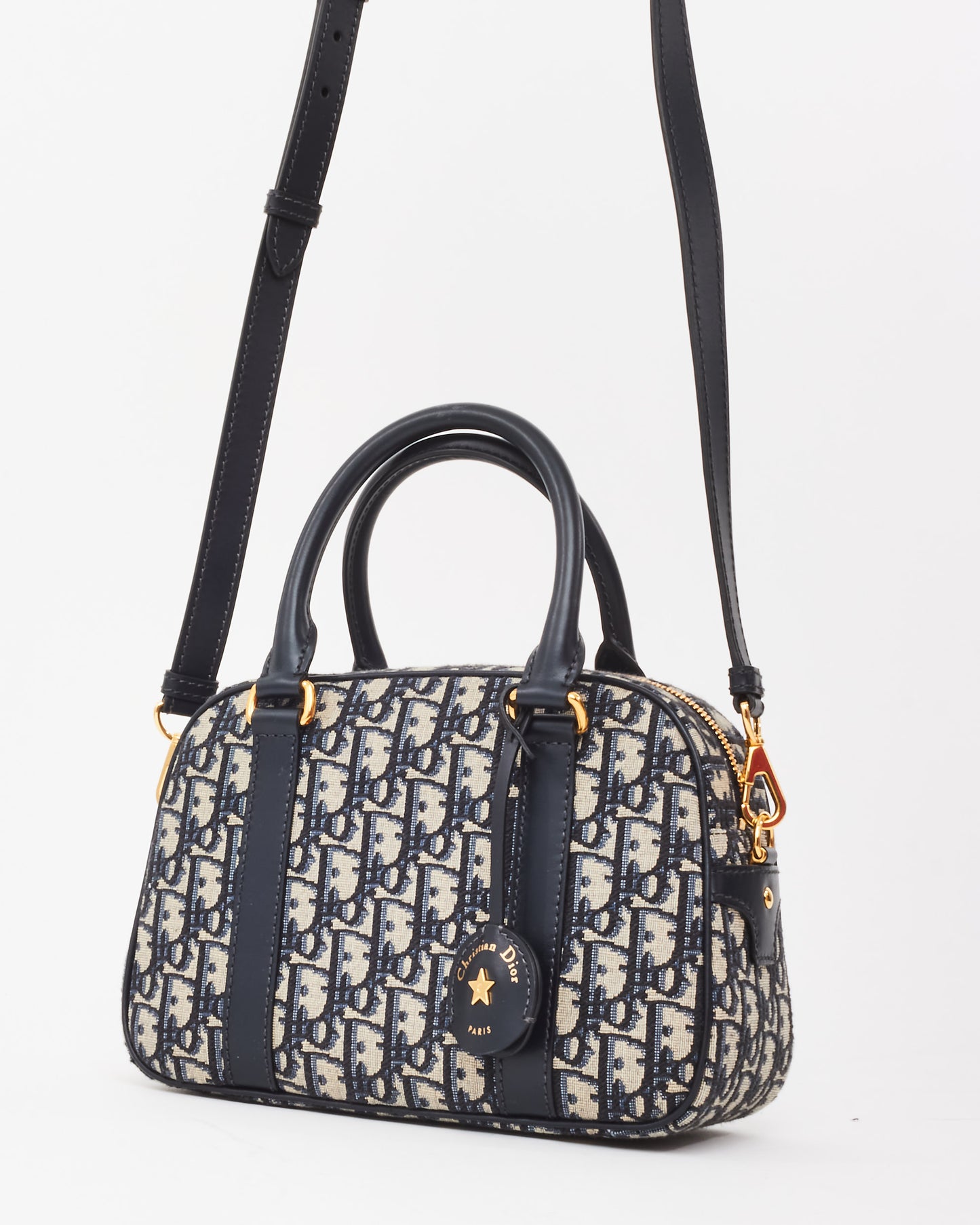 Dior Navy Oblique Monogram Jacquard Canvas Medium D-Vibe Bowling Bag w/ Strap