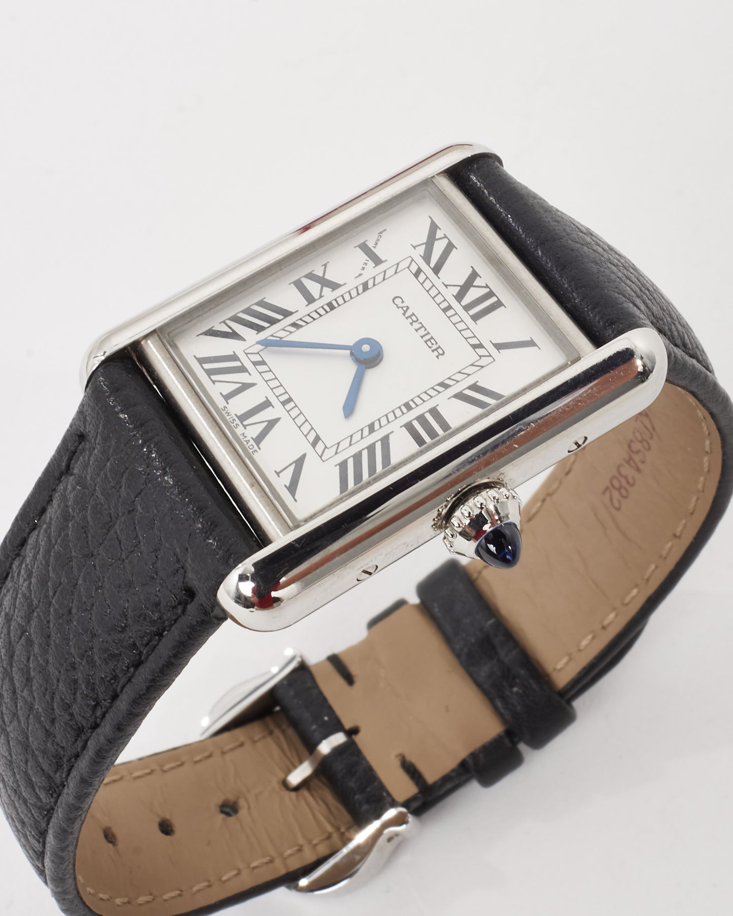Cartier Silver Steel & Black Leather Small Model Tank Must De Cartier Watch