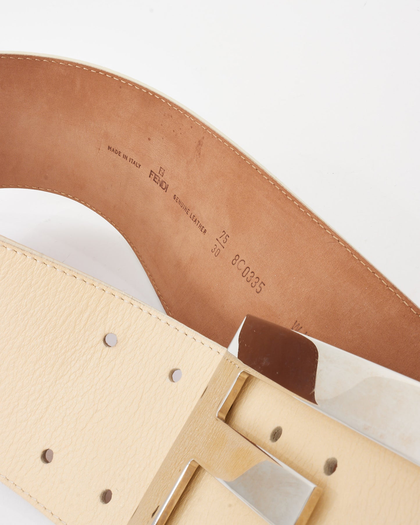 Fendi White Leather Silver FF Zucca Logo Oversized Belt - 75/30