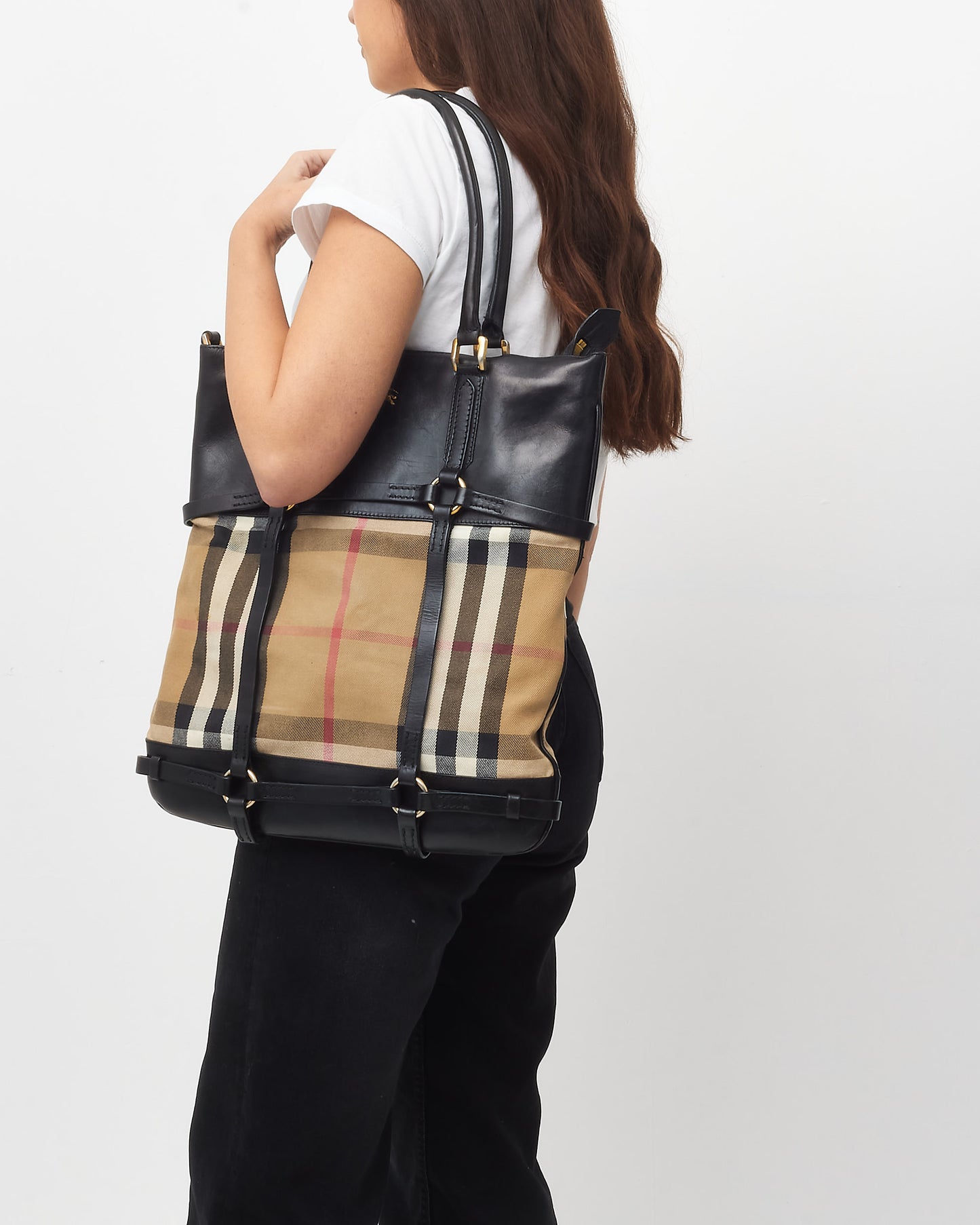 Burberry Black Calfskin & Beige House Check Bridle Tote Bag NO STRAP
