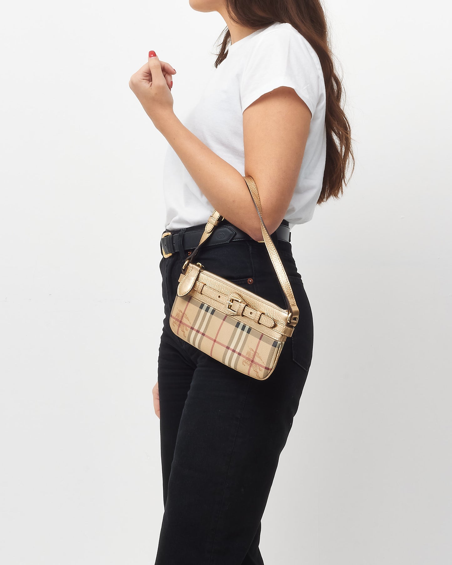Burberry Gold Leather and Beige Haymarket Check Belted Pochette Shoulder Bag