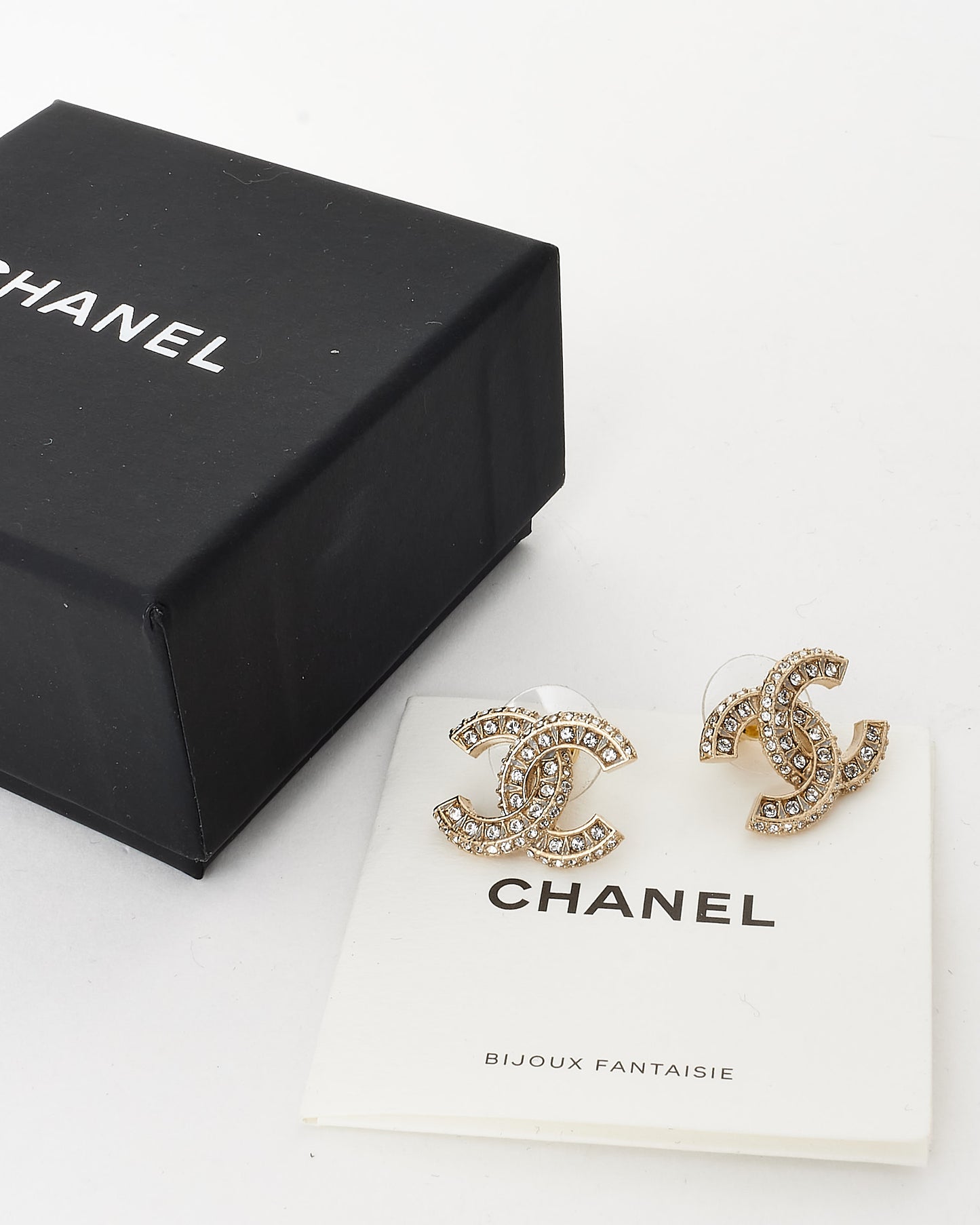Chanel Gold Brushed & Crystal Strass CC Logo Large Stud Earrings