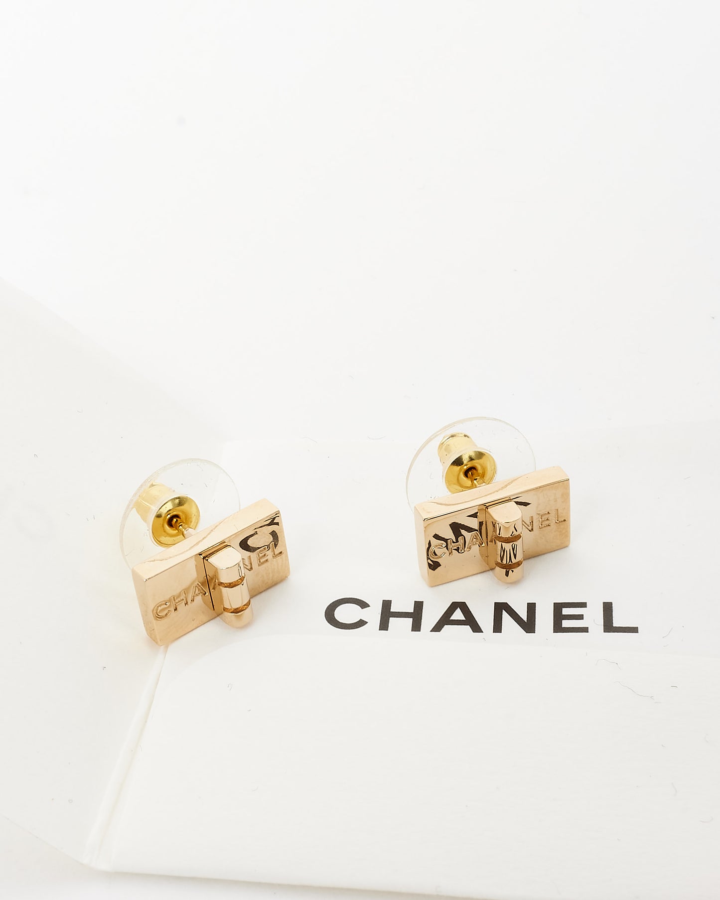 Chanel Gold Metal Reissue Clasp & Logo Earrings