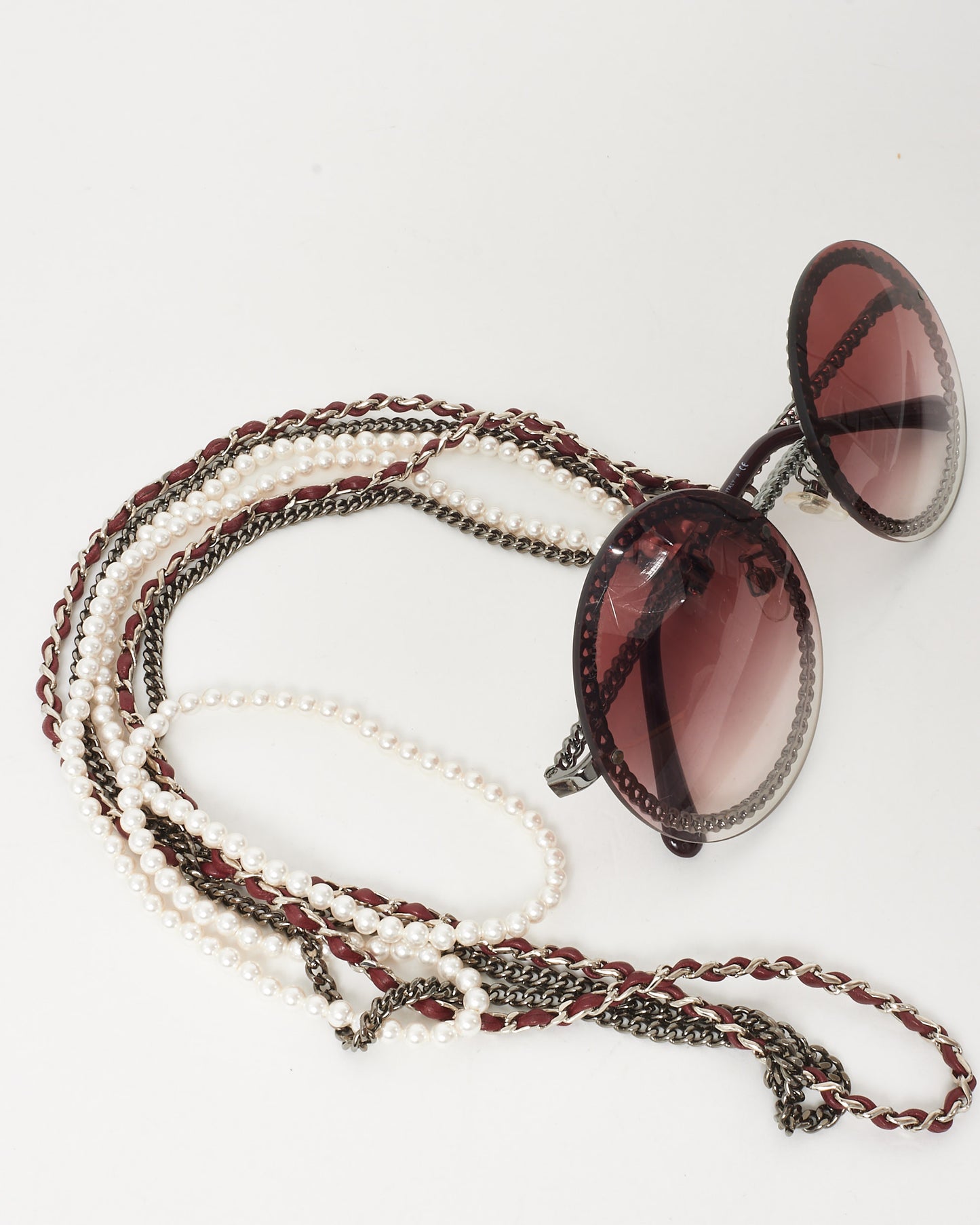 Chanel Silver-tone Pink Round Lens 4245 Sunglasses w/ Removable Burgundy Triple Hanging Chain