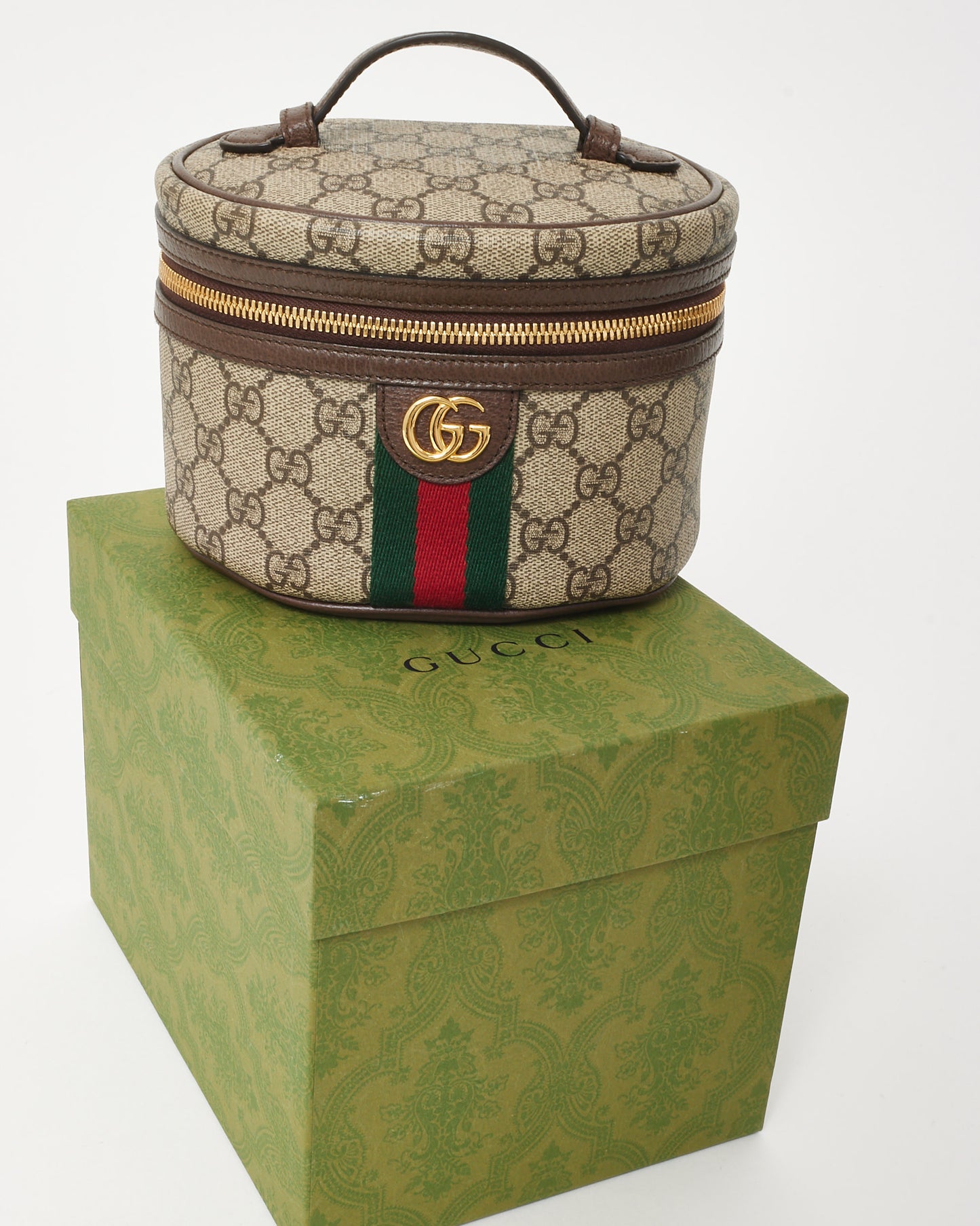 Gucci Beige & Brown Ebony GG Monogram Supreme Canvas Web Mini Vanity Bag