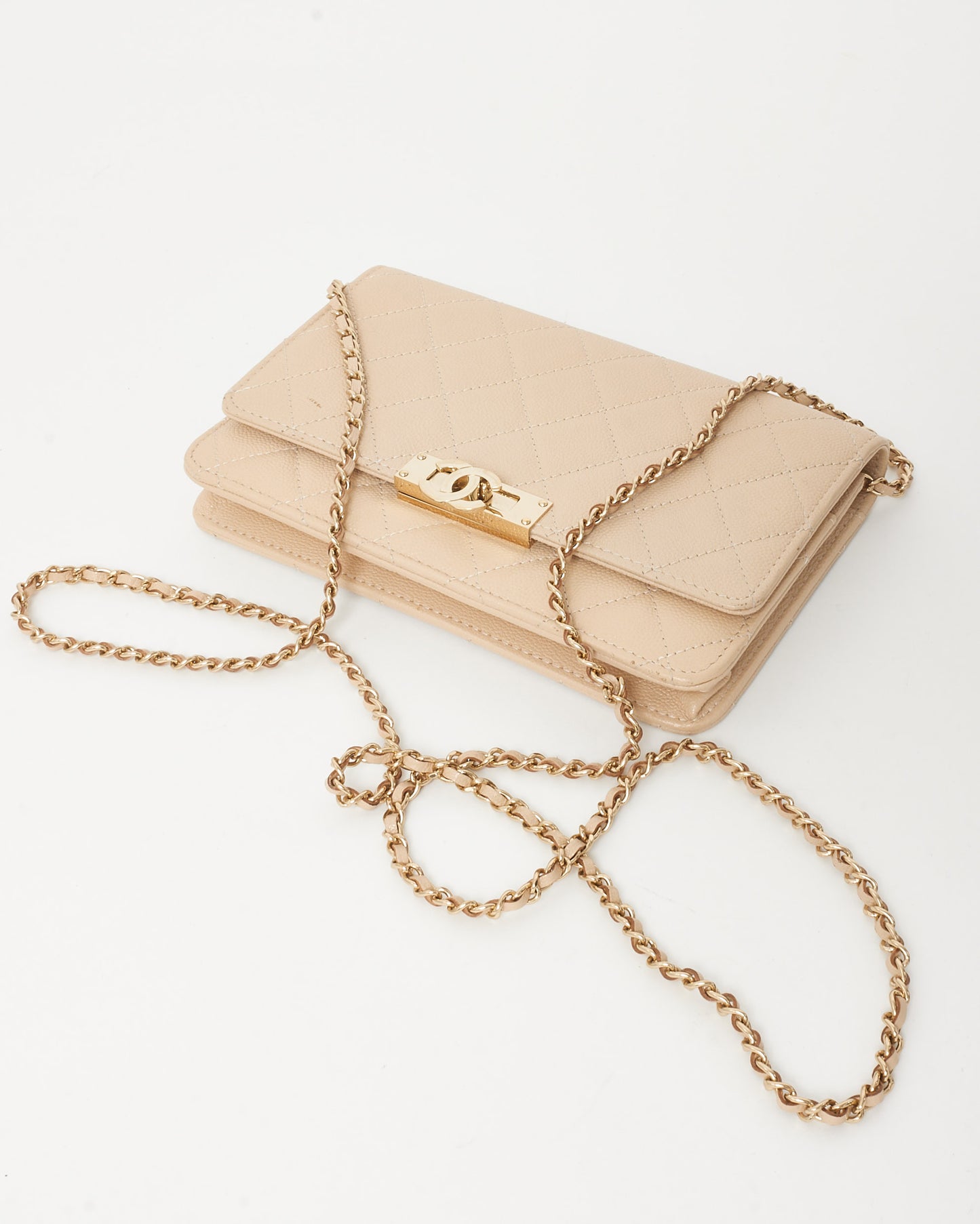 Chanel Beige Caviar Leather CC Golden Class Logo Wallet on Chain WOC Crossbody