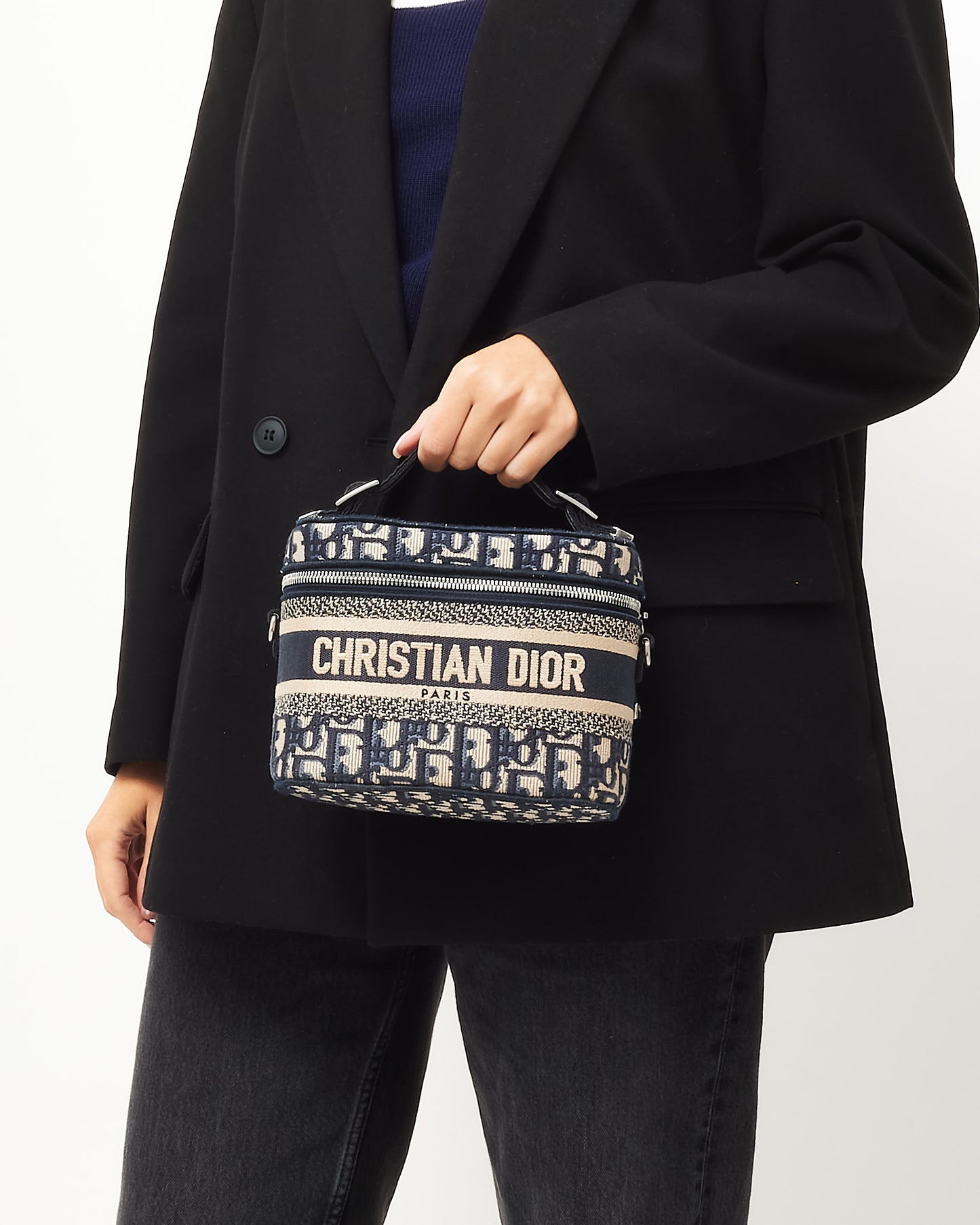 Dior Navy Monogram Oblique Canvas Small Diortravel Vanity Case With Shoulder Strap