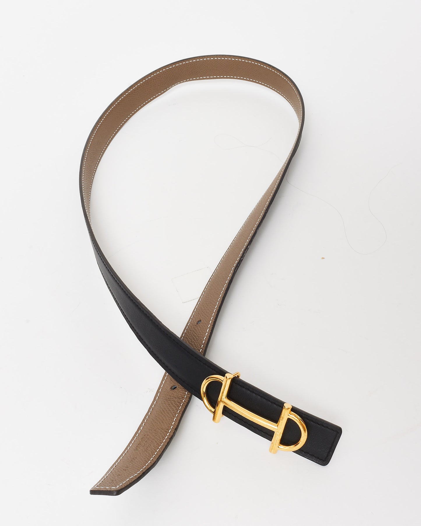 Hermès Black Swift/Etoupe Epsom Leather Reversible 24mm Gold Gamma Buckle Belt - 85