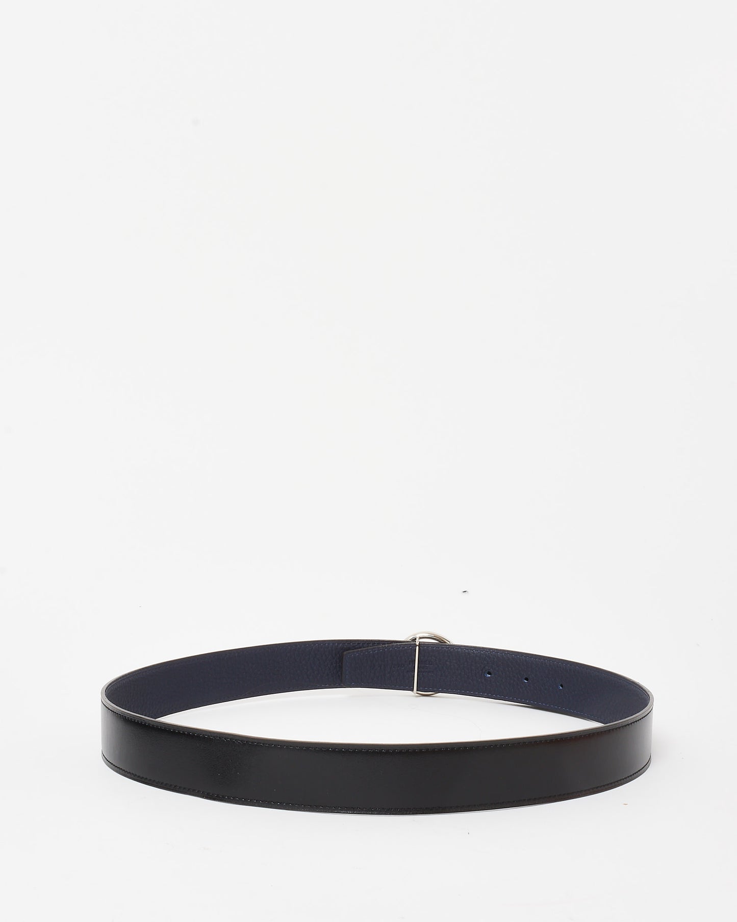 Hermès Black & Navy Bleu Marine Reversible Leather Silver Casaque Buckle Belt 32mm -85