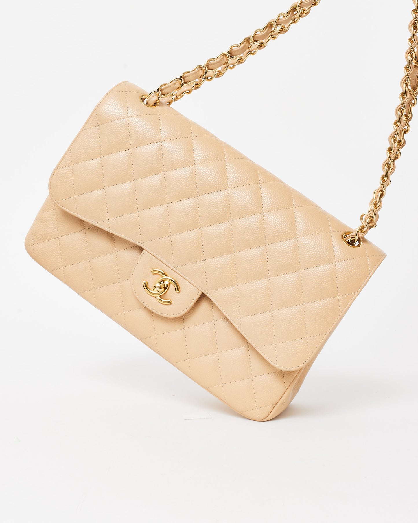 Chanel Beige Caviar Leather Jumbo Double Flap Bag GHW