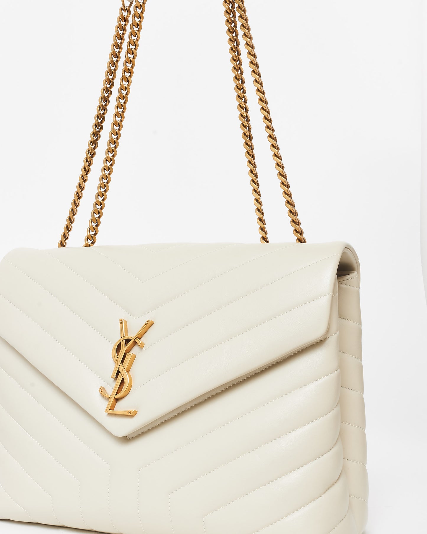 Saint Laurent Off White (Crema Soft) Chevron Leather Medium Loulou Shoulder Bag