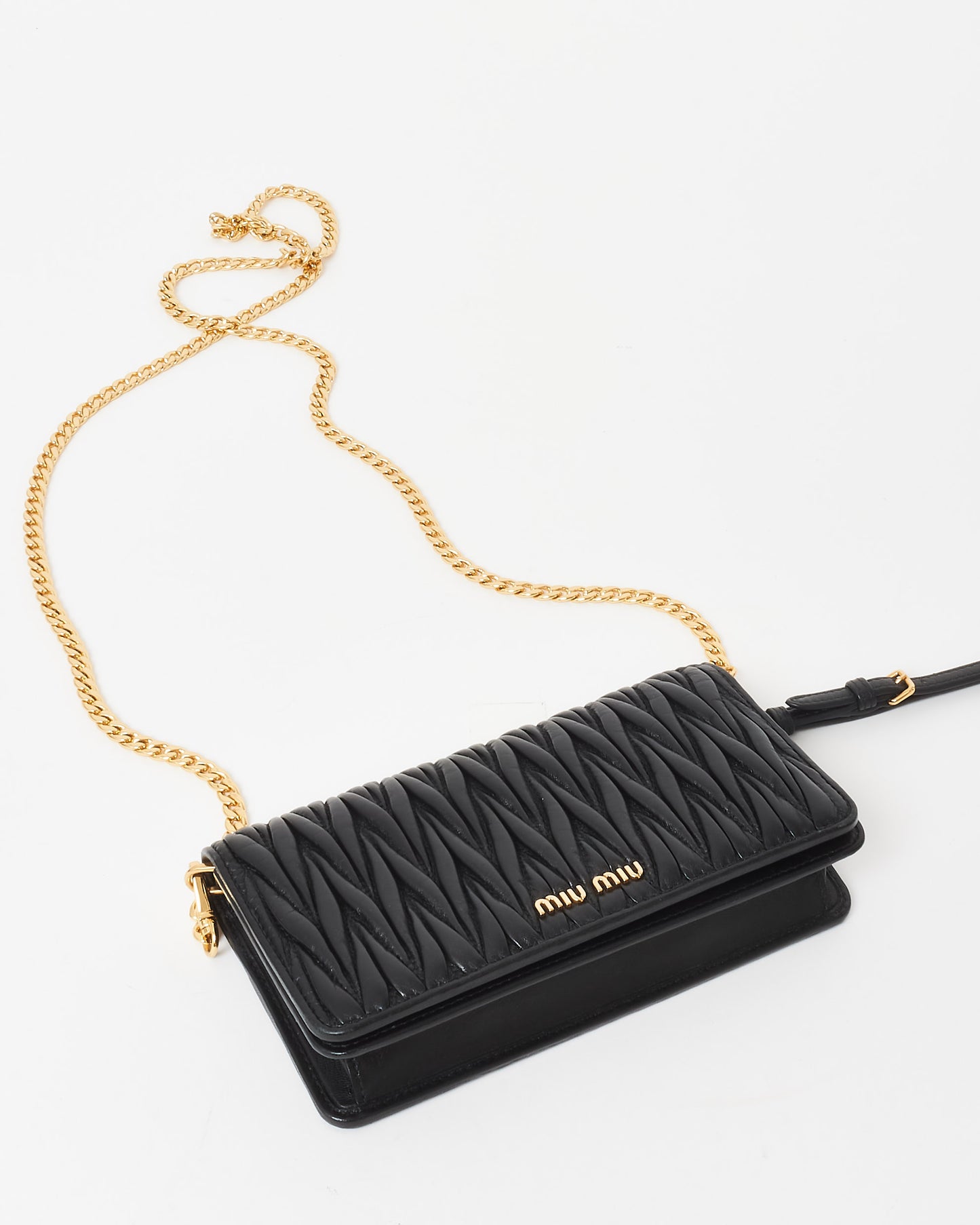 Miu Miu Black Gaufre Matelassé Leather Wallet on Chain Crossbody Bag