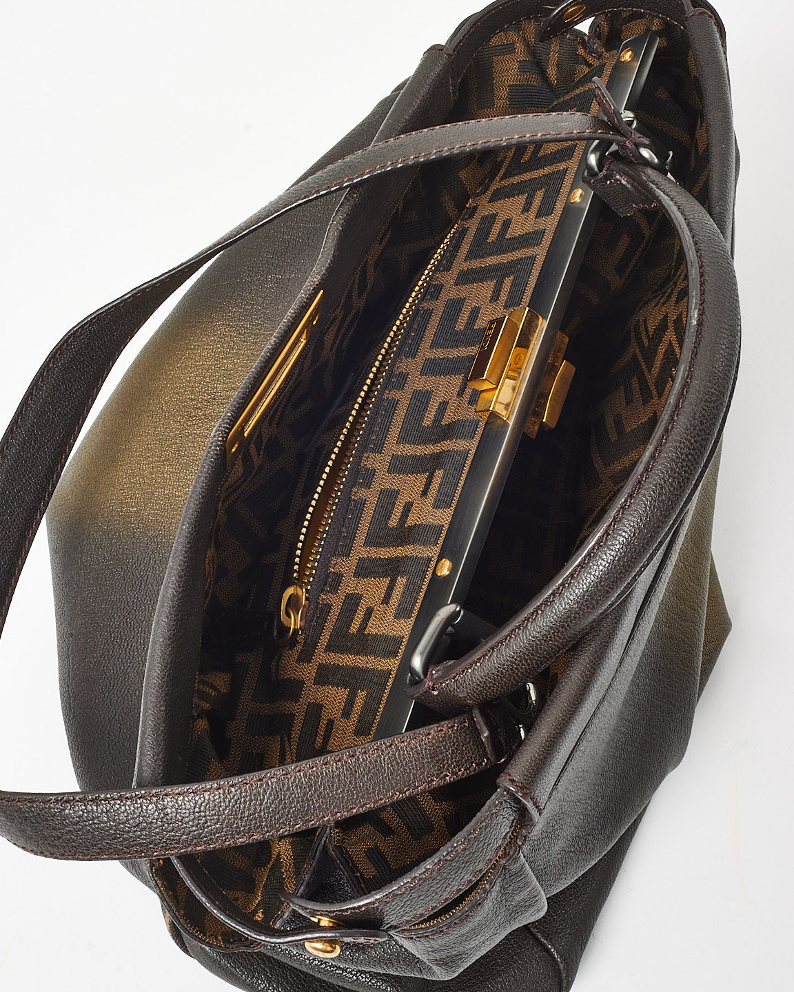 Fendi Brown and Gold Ombré Leather Large FF Zucca Peekaboo Bag