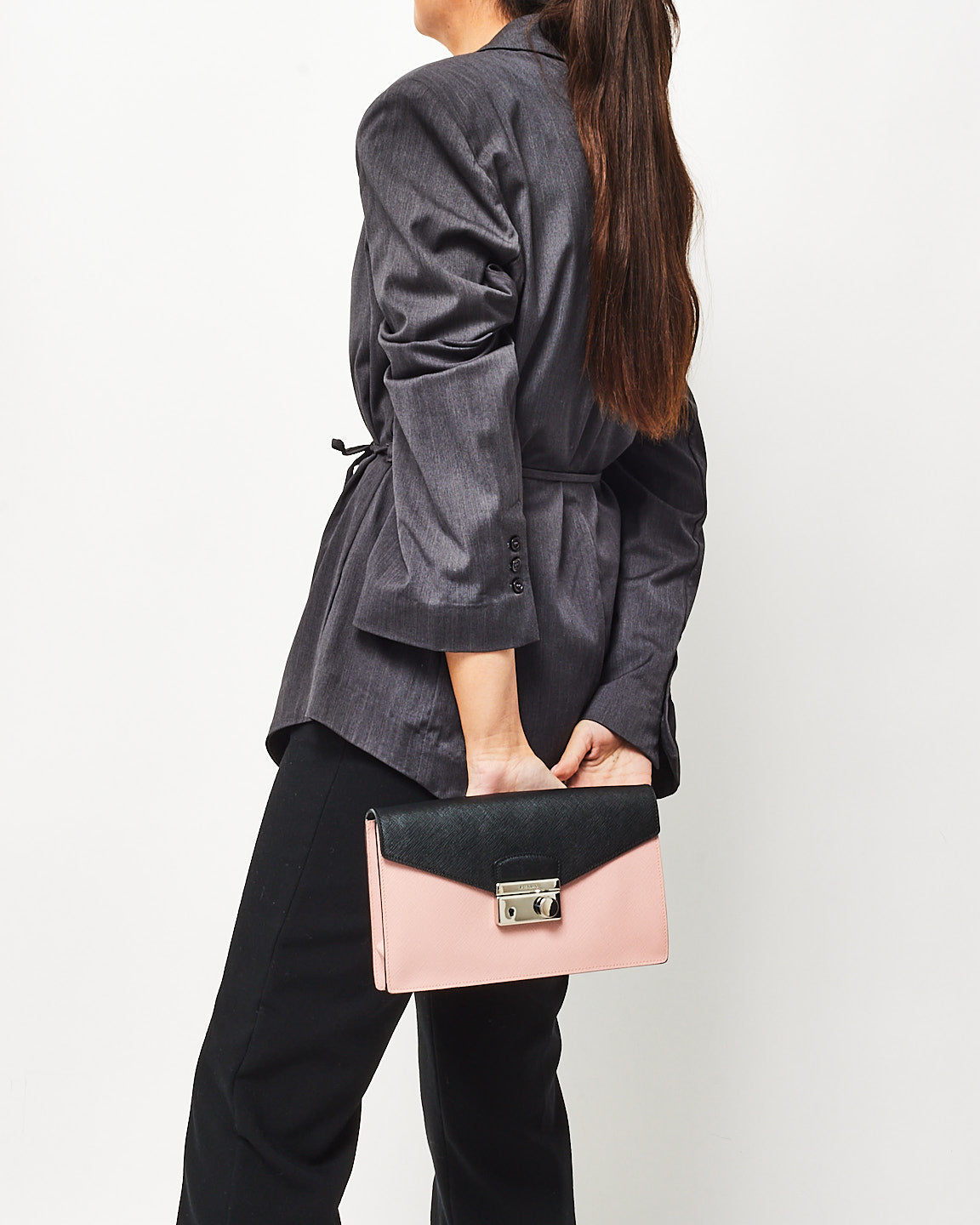 Prada Pink & Black Saffiano Lux Sound Clutch