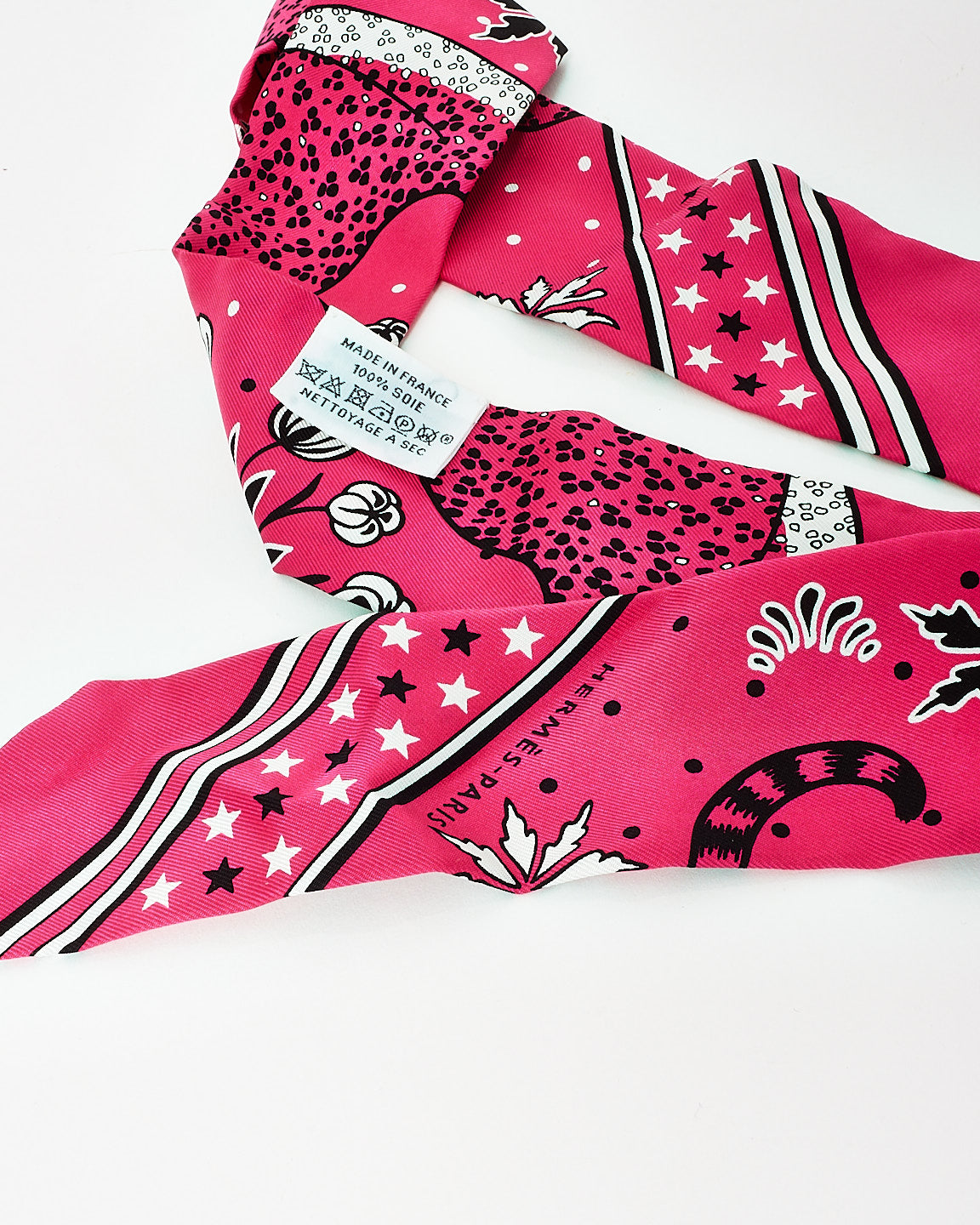Hermès Pink Silk Panther Print Twilly Scarf